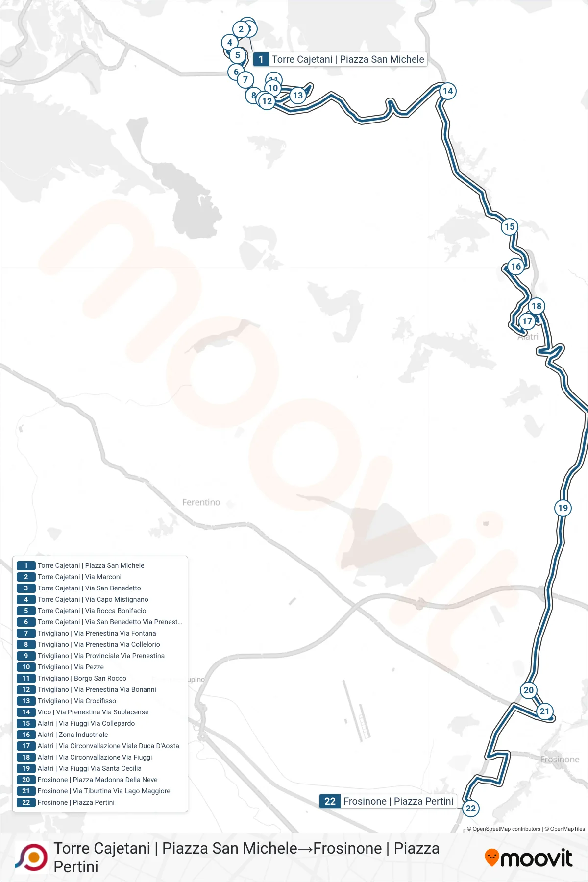 Linea COTRAL bus (Torre Cajetani | Piazza San Michele→Frosinone | Piazza Pertini) - Percorsi e fermate sulla mappa