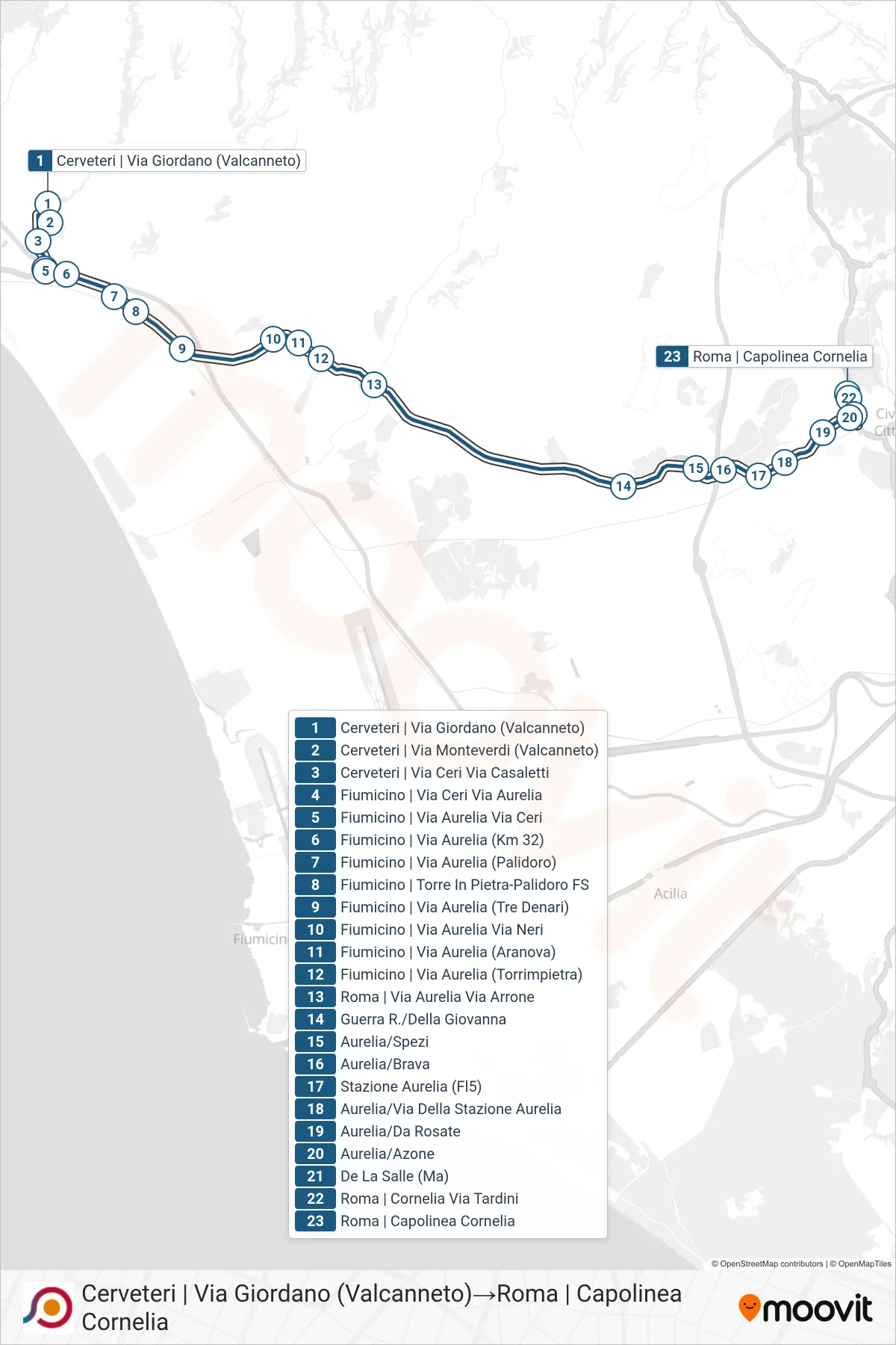Linea COTRAL bus (Cerveteri | Via Giordano (Valcanneto)→Roma | Capolinea Cornelia) - Percorsi e fermate sulla mappa