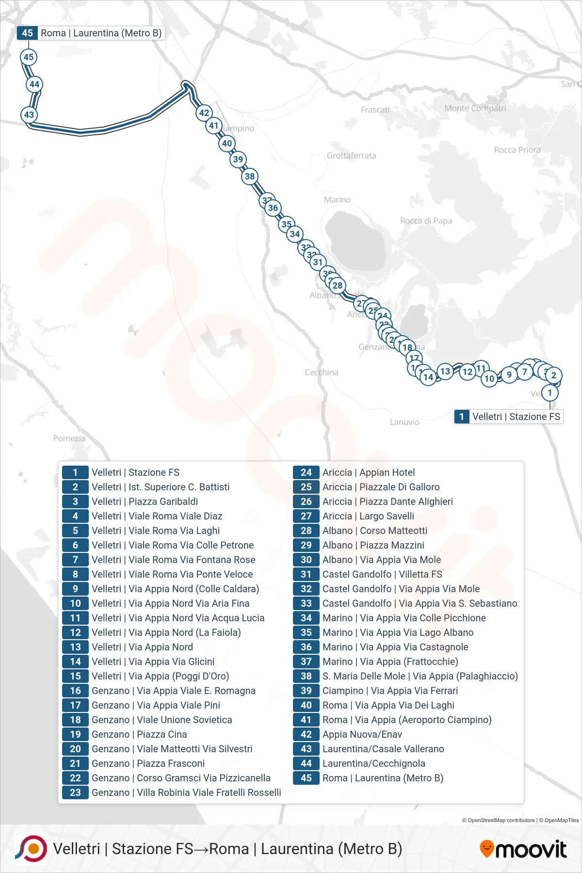 Linea COTRAL bus (Velletri | Stazione FS→Roma | Laurentina (Metro B)) - Percorsi e fermate sulla mappa
