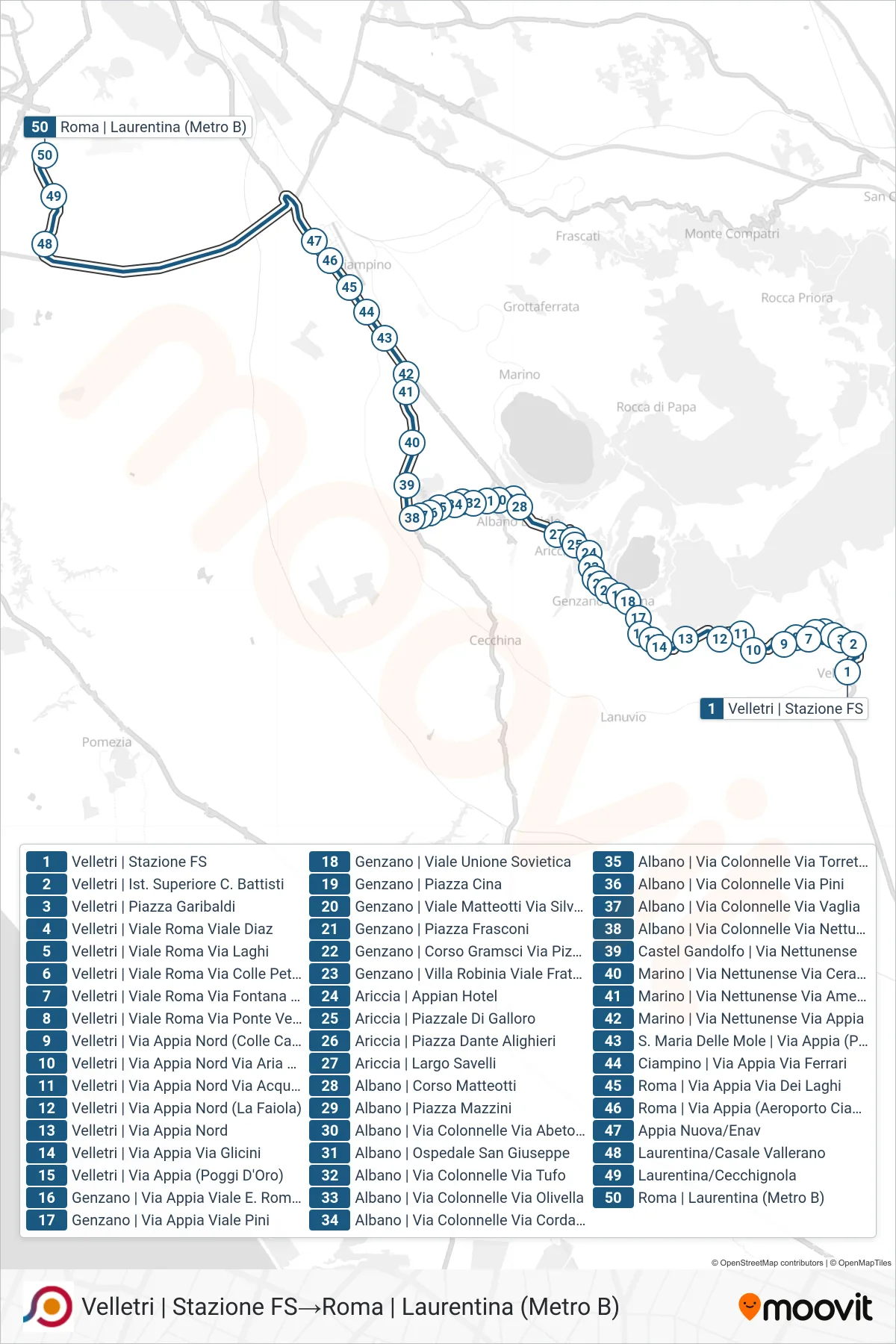 COTRAL bus Line (Velletri Train Station→Rome | Laurentina (Metro B)) route and stops on a map