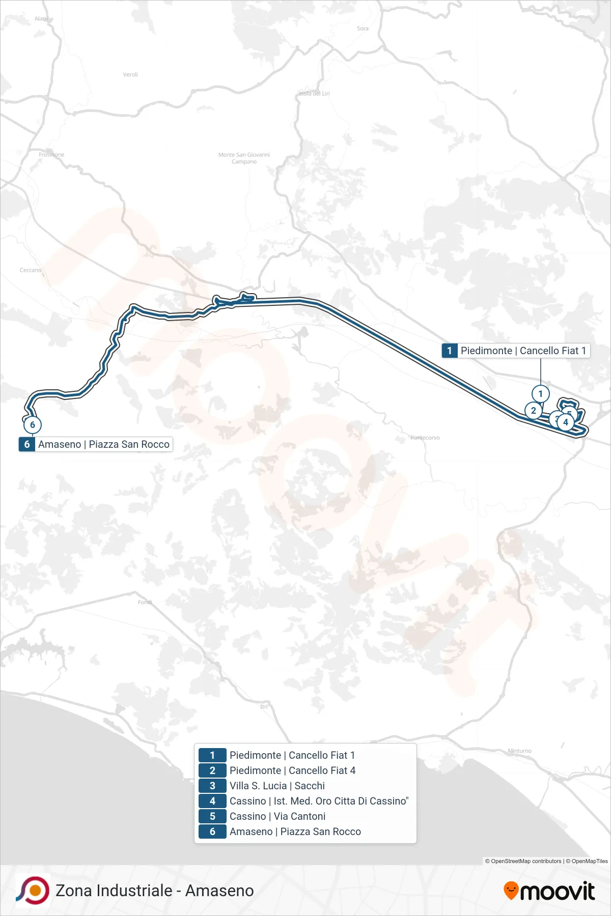 Linea COTRAL bus (Piedimonte | Cancello Fiat 1→Amaseno | Piazza San Rocco) - Percorsi e fermate sulla mappa