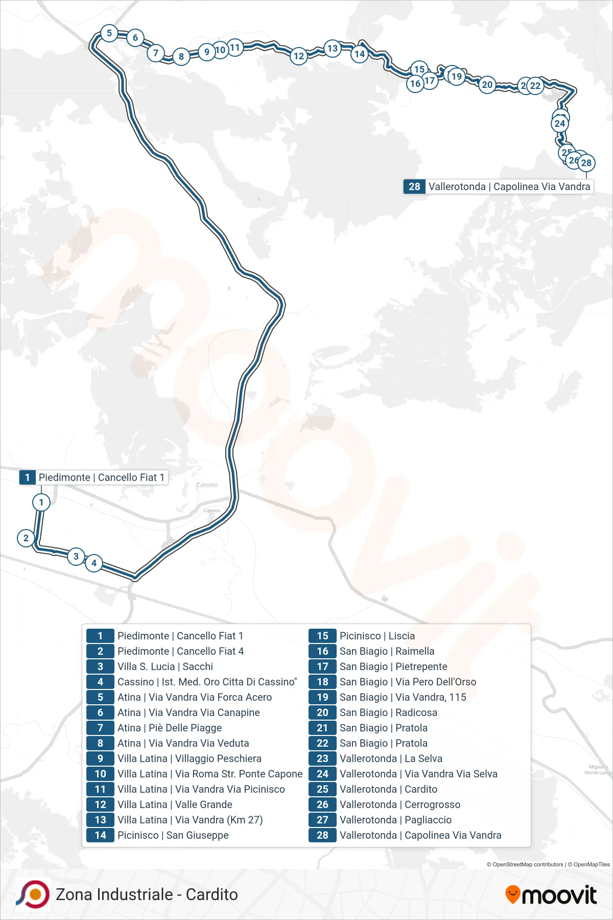 Linea COTRAL bus (Piedimonte | Cancello Fiat 1→Vallerotonda | Capolinea Via Vandra) - Percorsi e fermate sulla mappa