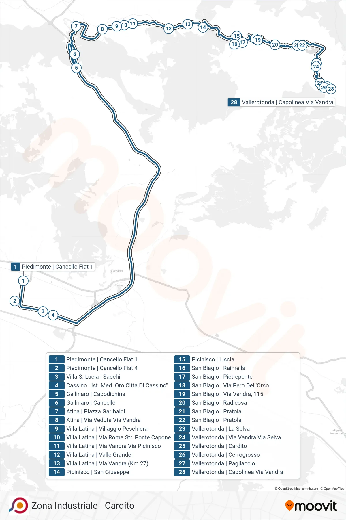 COTRAL bus Line (Piedimonte Cancello Fiat 1→Vallerotonda | Terminal Via Vandra) route and stops on a map