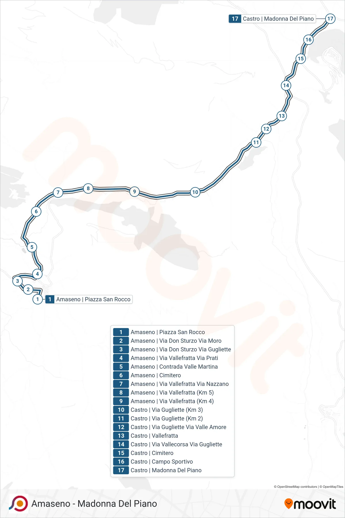 Linea COTRAL bus (Amaseno | Piazza San Rocco→Castro | Madonna Del Piano) - Percorsi e fermate sulla mappa