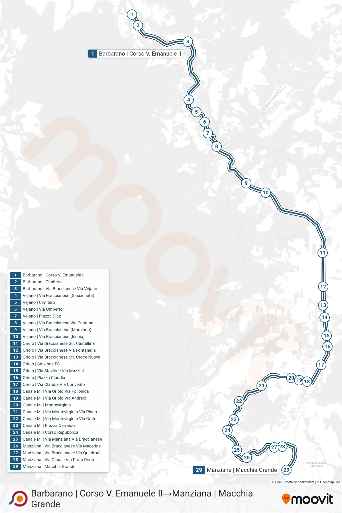 Linea COTRAL bus (Barbarano | Corso V. Emanuele II→Manziana | Macchia Grande) - Percorsi e fermate sulla mappa
