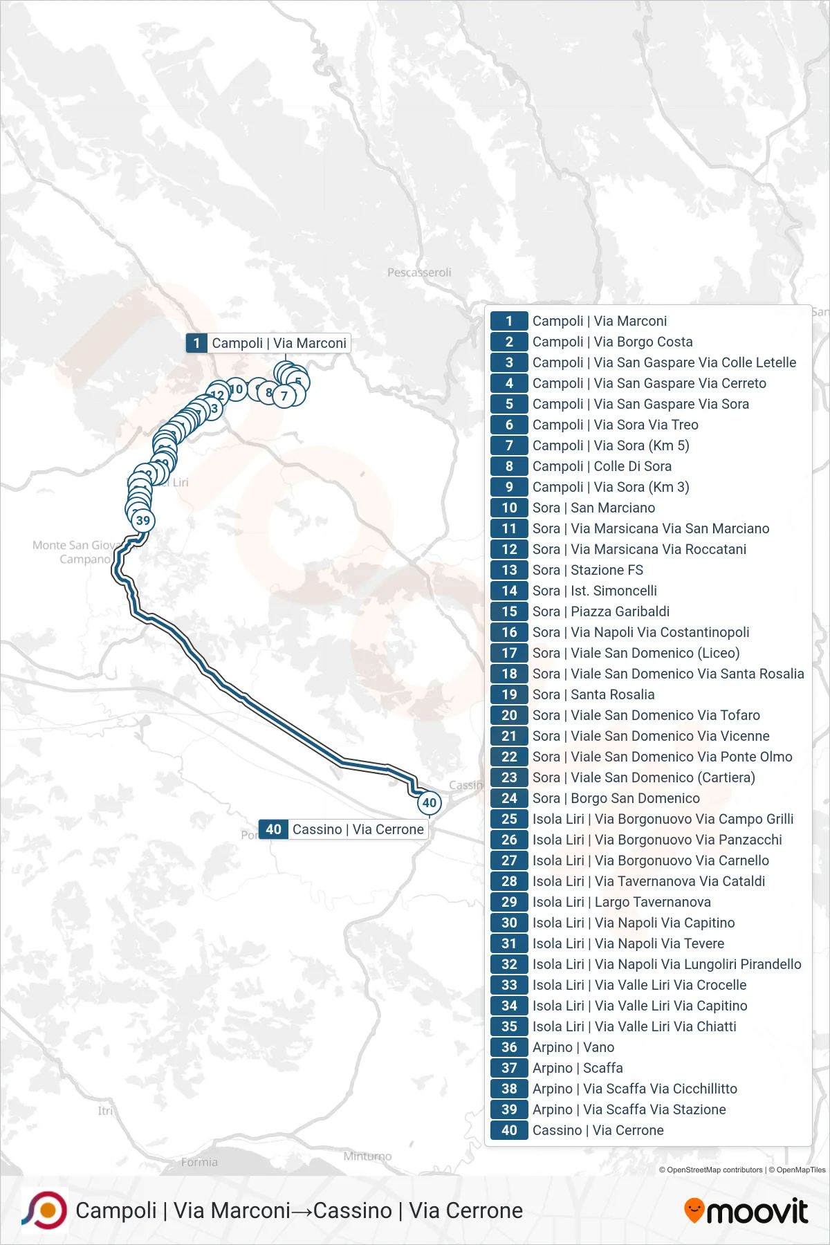 Linea COTRAL bus (Campoli | Via Marconi→Cassino | Via Cerrone) - Percorsi e fermate sulla mappa