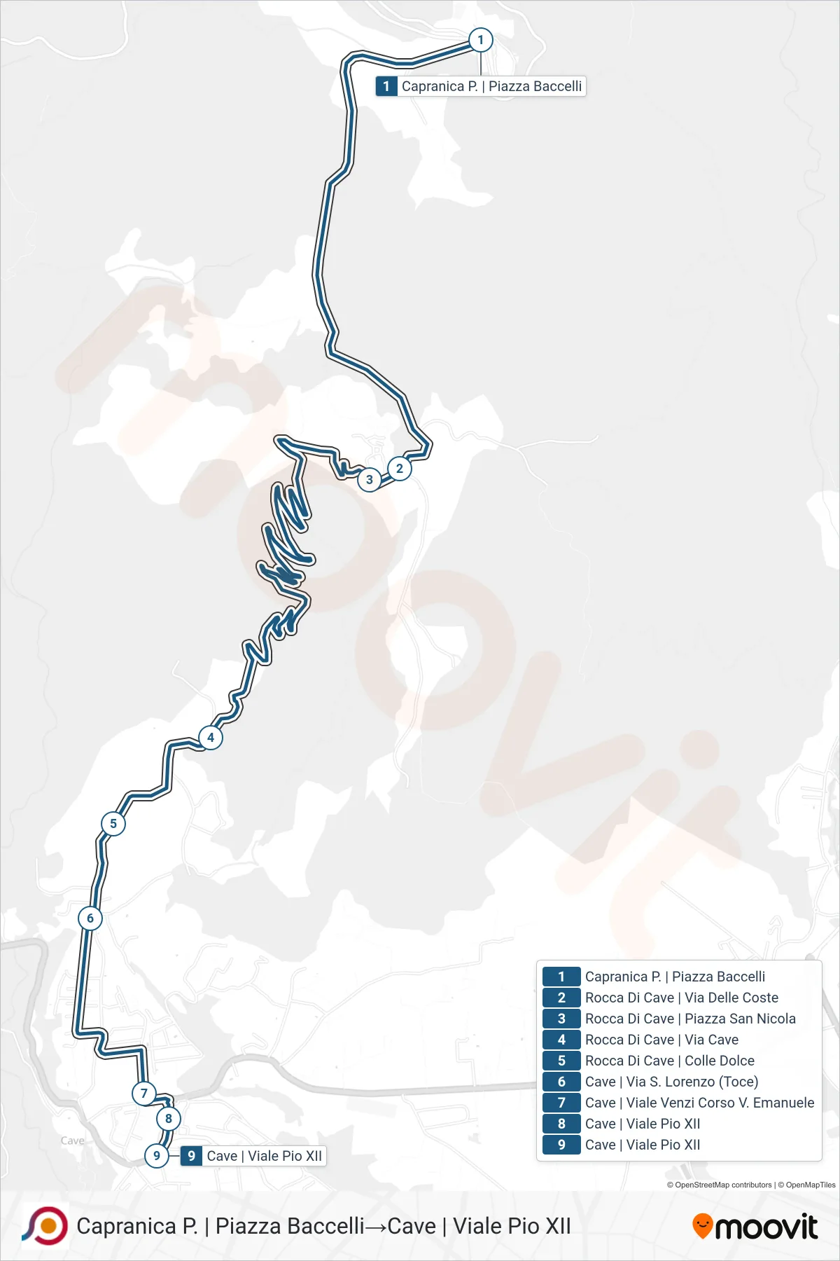Linea COTRAL bus (Capranica P. | Piazza Baccelli→Cave | Viale Pio XII) - Percorsi e fermate sulla mappa