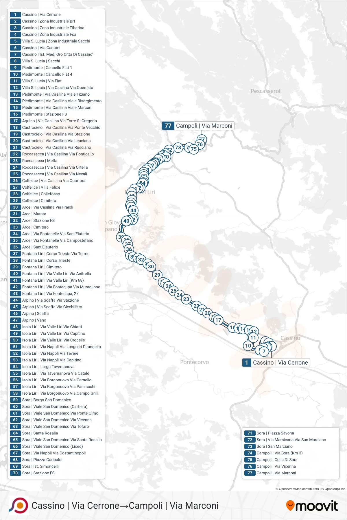 Linea COTRAL bus (Cassino | Via Cerrone→Campoli | Via Marconi) - Percorsi e fermate sulla mappa