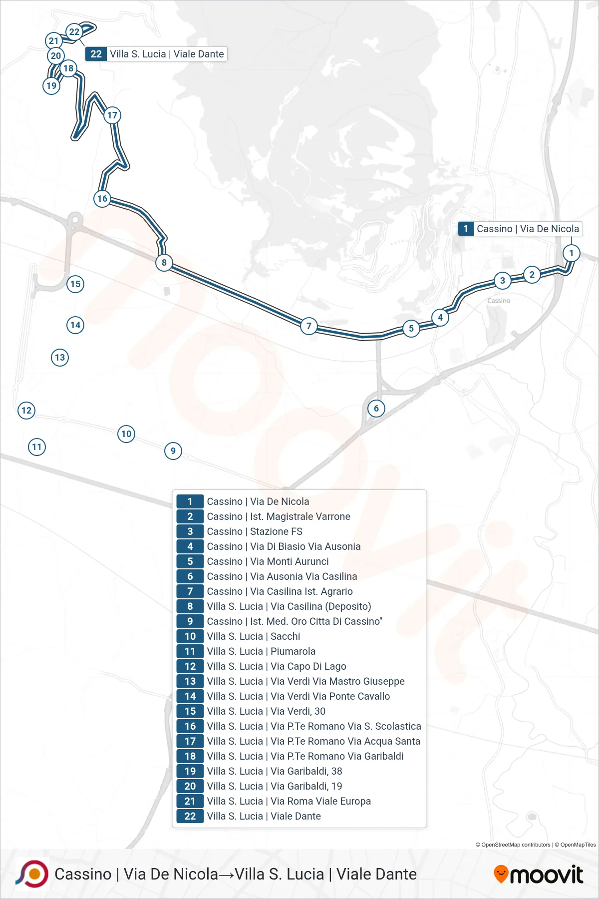 Linea COTRAL bus (Cassino | Via De Nicola→Villa S. Lucia | Viale Dante) - Percorsi e fermate sulla mappa