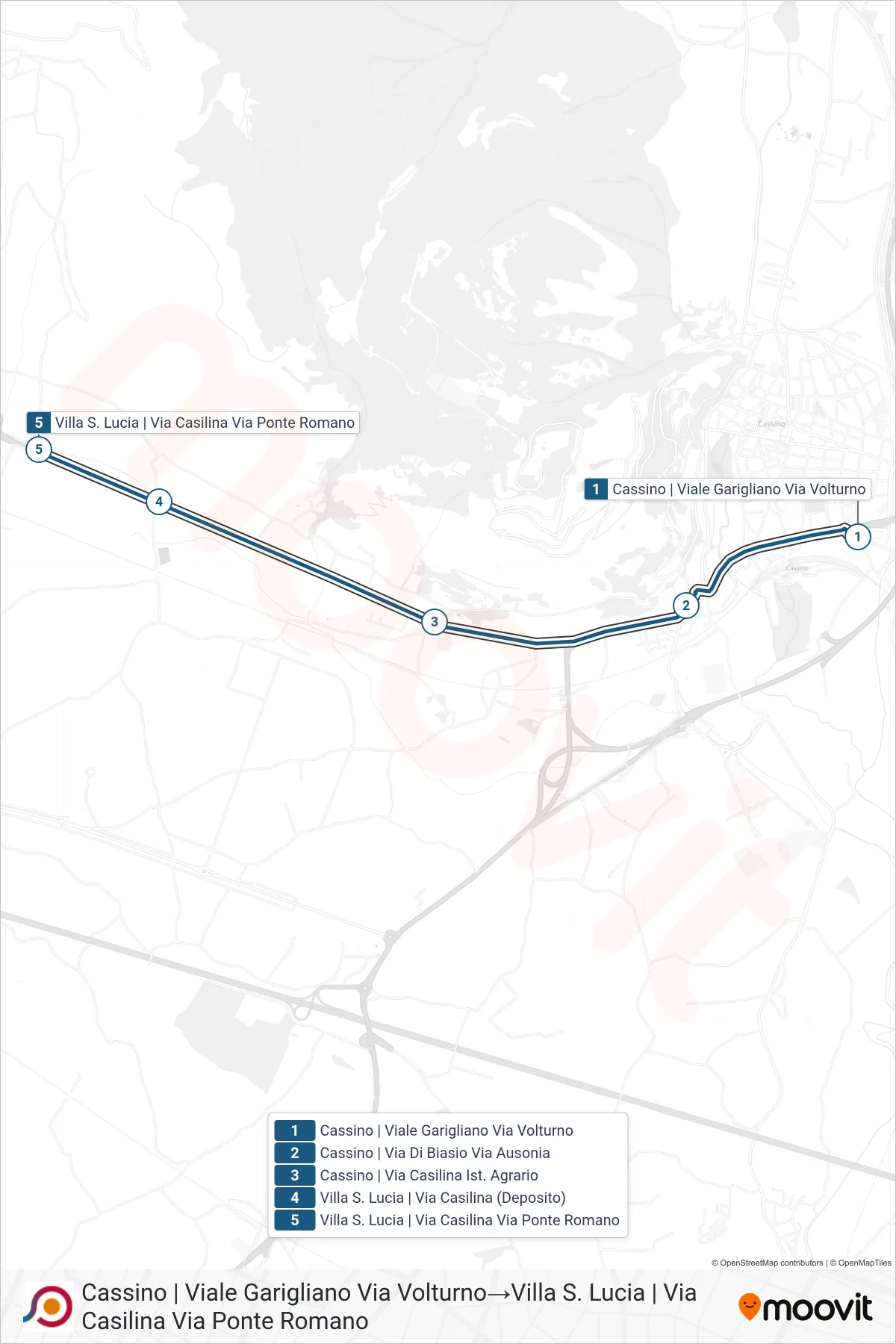 Linea COTRAL bus (Cassino | Viale Garigliano Via Volturno→Villa S. Lucia | Via Casilina Via Ponte Romano) - Percorsi e fermate sulla mappa