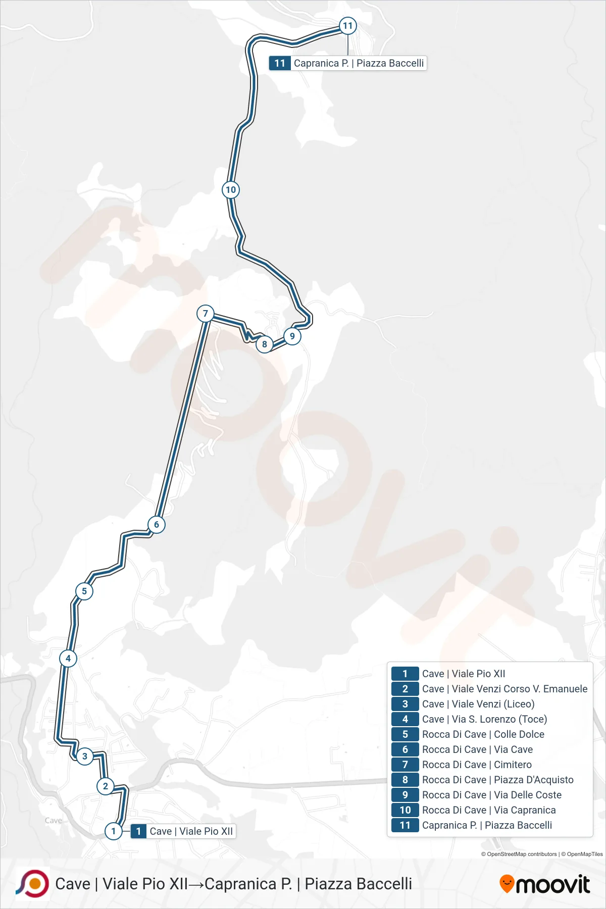 Linea COTRAL bus (Cave | Viale Pio XII→Capranica P. | Piazza Baccelli) - Percorsi e fermate sulla mappa