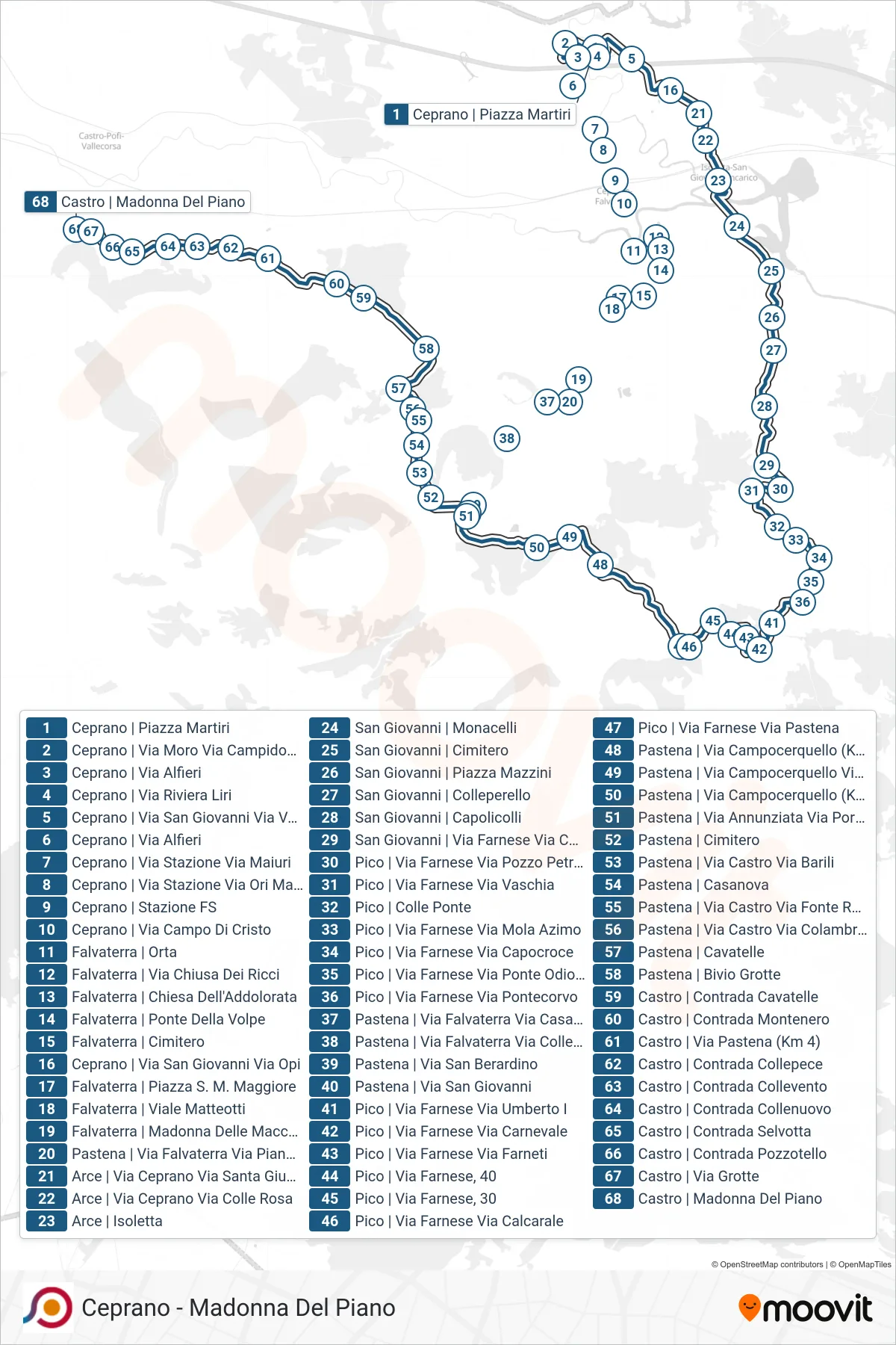 Linea COTRAL bus (Ceprano | Piazza Martiri→Castro | Madonna Del Piano) - Percorsi e fermate sulla mappa