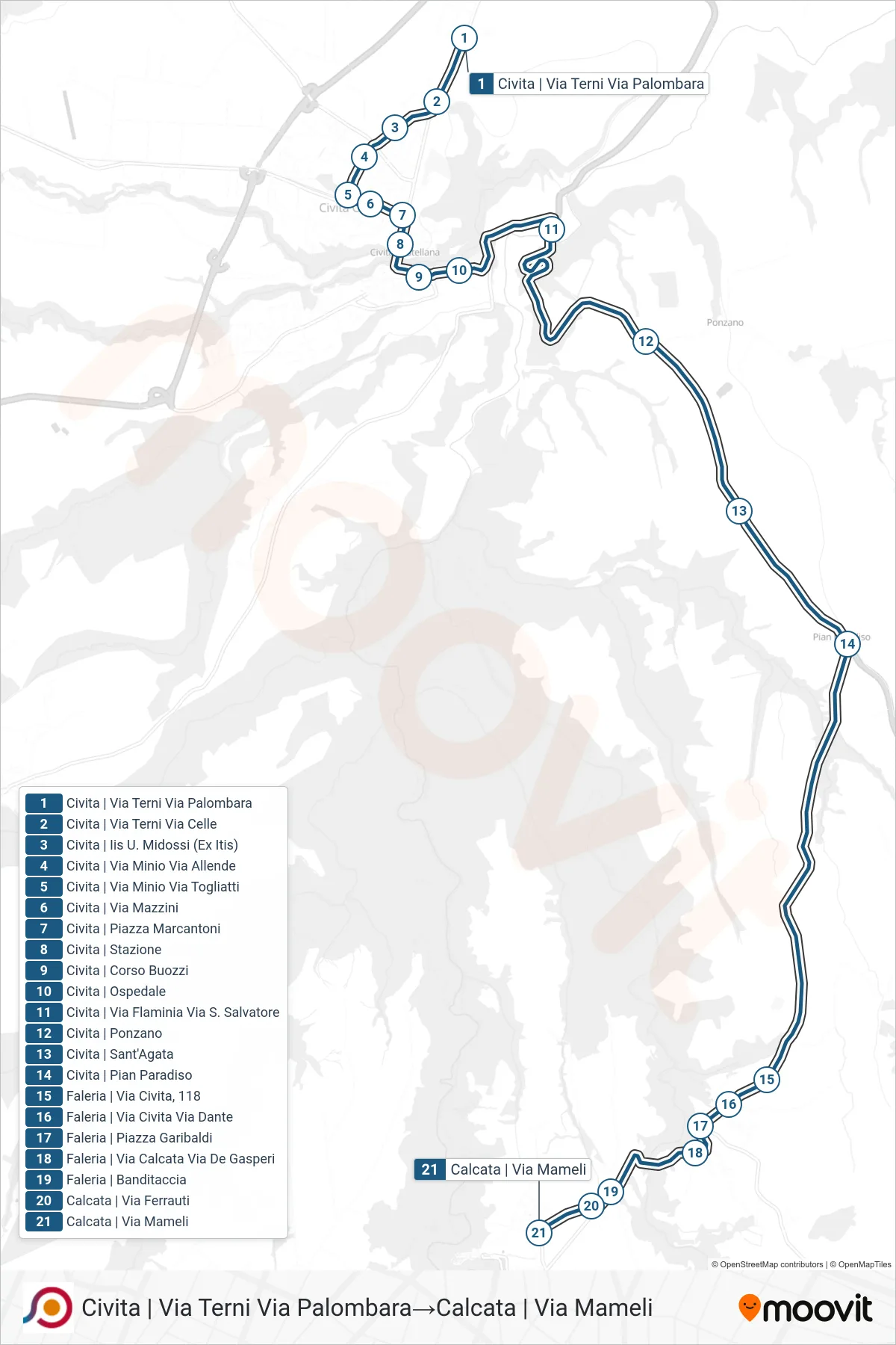 Linea COTRAL bus (Civita | Via Terni Via Palombara→Calcata | Via Mameli) - Percorsi e fermate sulla mappa
