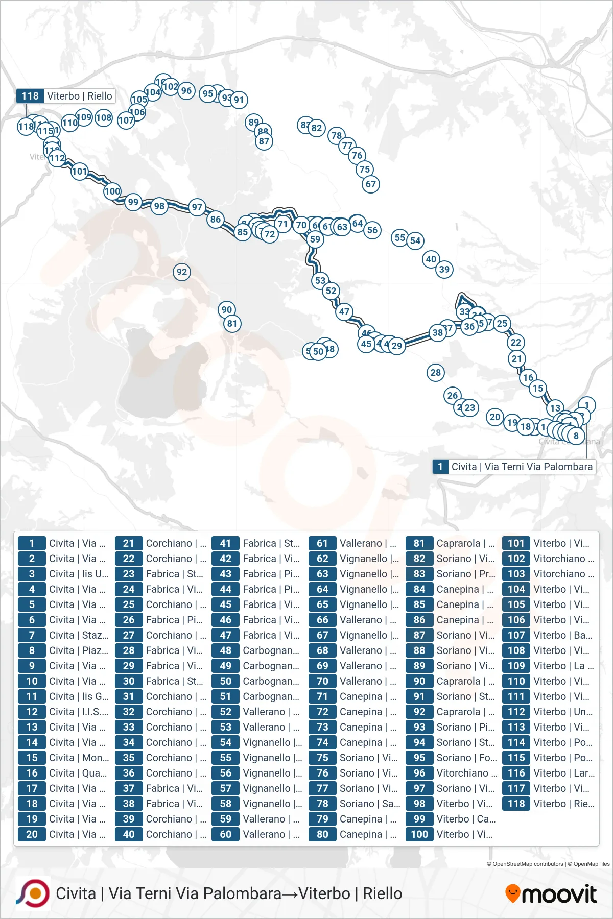 Linea COTRAL bus (Civita | Via Terni Via Palombara→Viterbo | Riello) - Percorsi e fermate sulla mappa