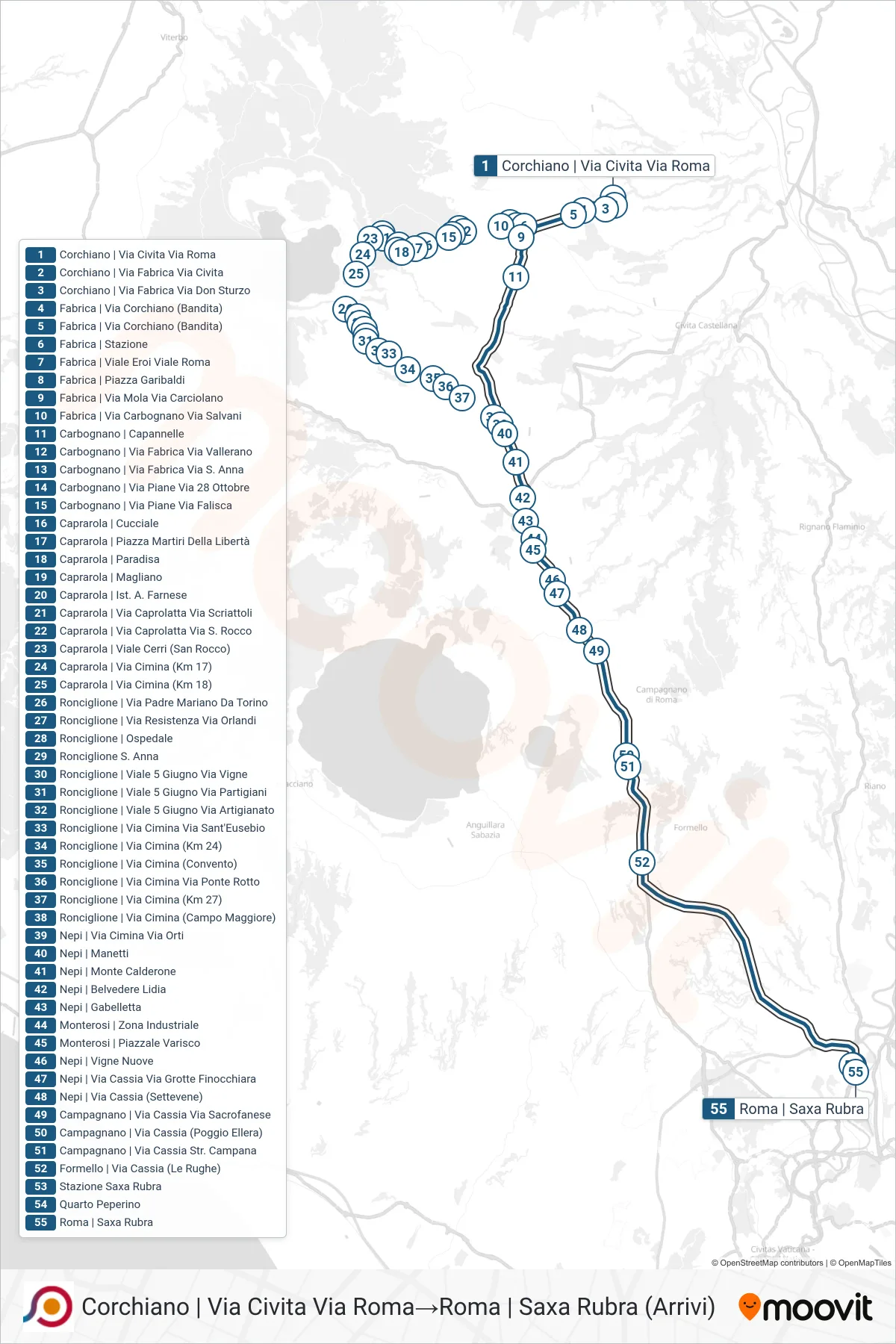 Linea COTRAL bus (Corchiano | Via Civita Via Roma→Roma | Saxa Rubra (Arrivi)) - Percorsi e fermate sulla mappa