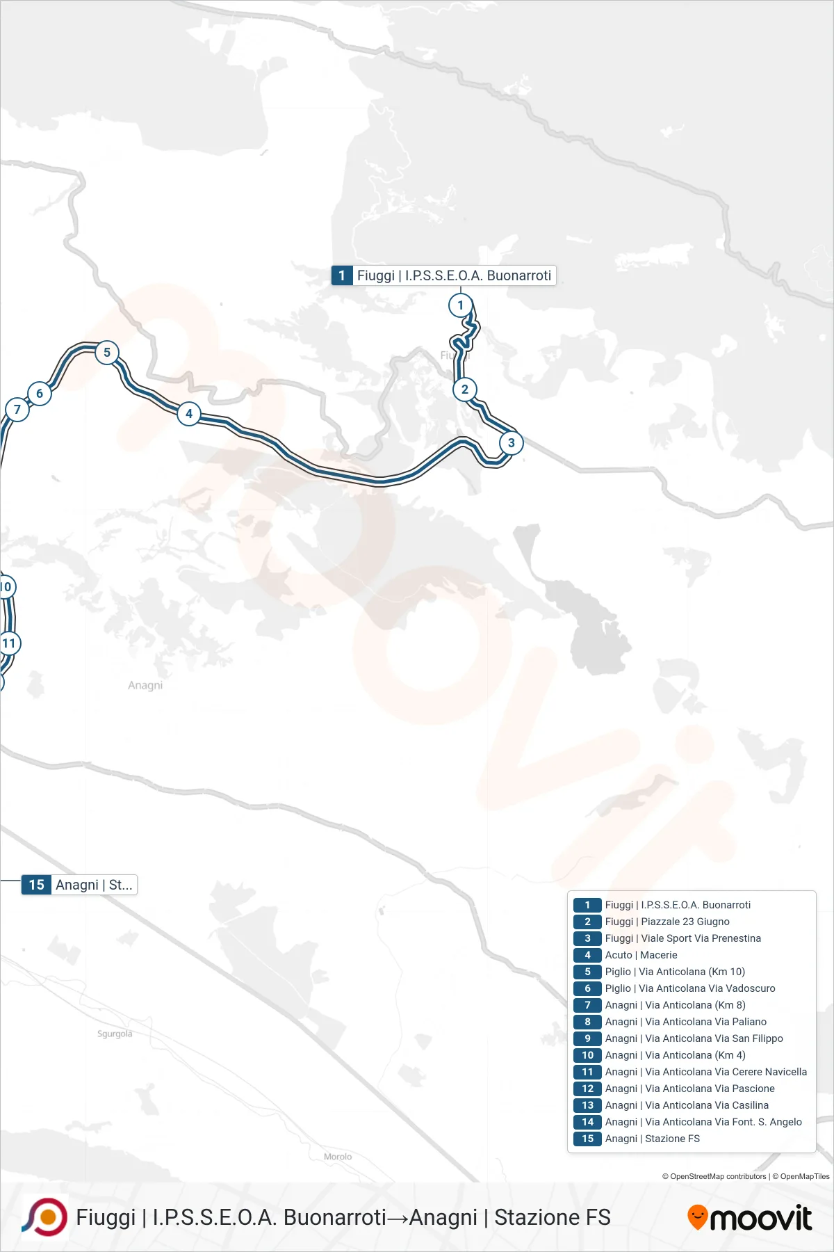 Linea COTRAL bus (Fiuggi | I.P.S.S.E.O.A. Buonarroti→Anagni | Stazione FS) - Percorsi e fermate sulla mappa