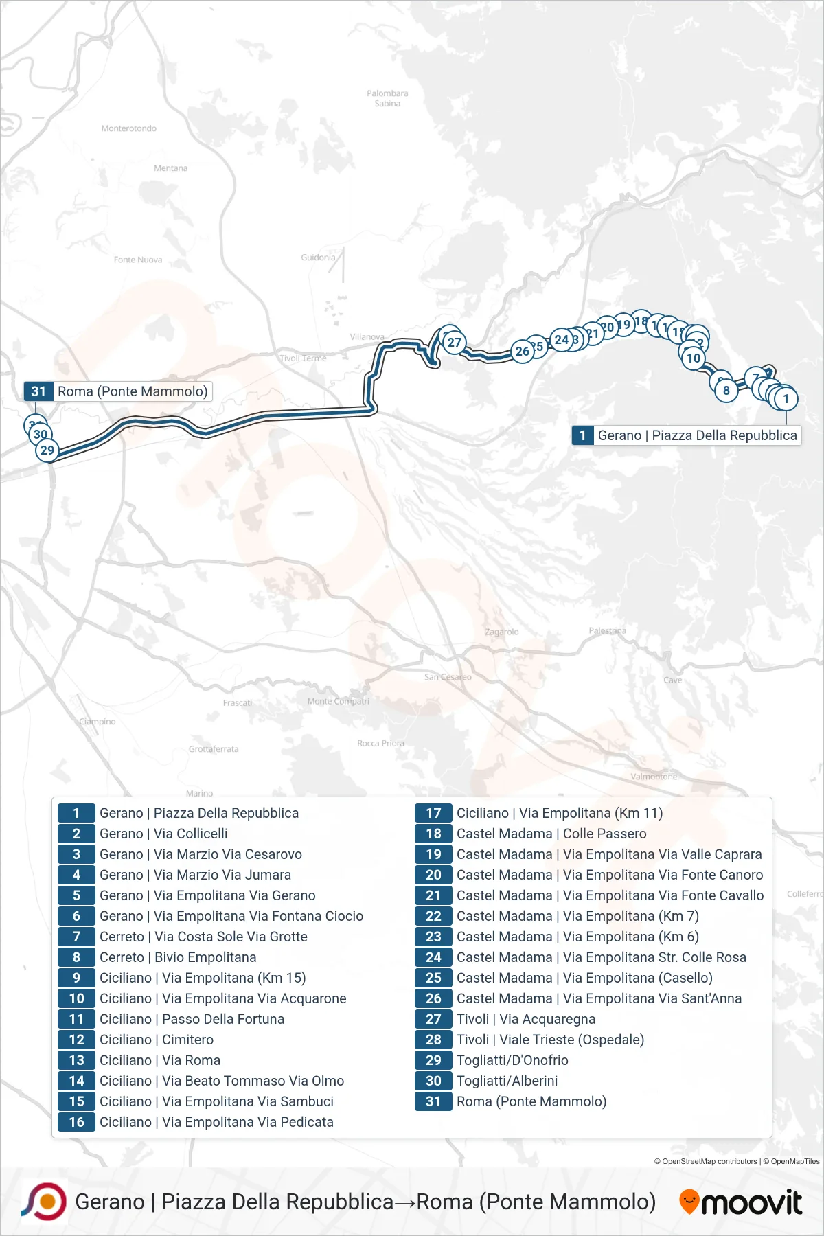 Linea COTRAL bus (Gerano | Piazza Della Repubblica→Roma (Ponte Mammolo)) - Percorsi e fermate sulla mappa