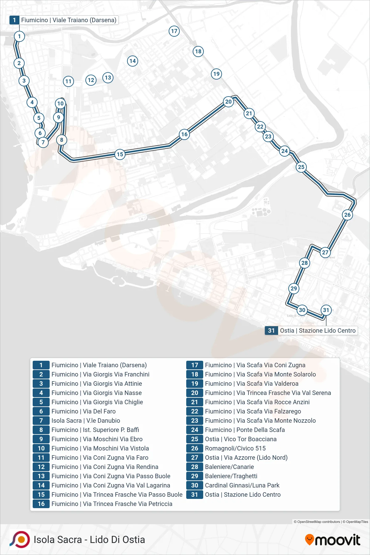 Linea COTRAL bus (Fiumicino | Viale Traiano (Darsena)→Ostia | Stazione Lido Centro) - Percorsi e fermate sulla mappa