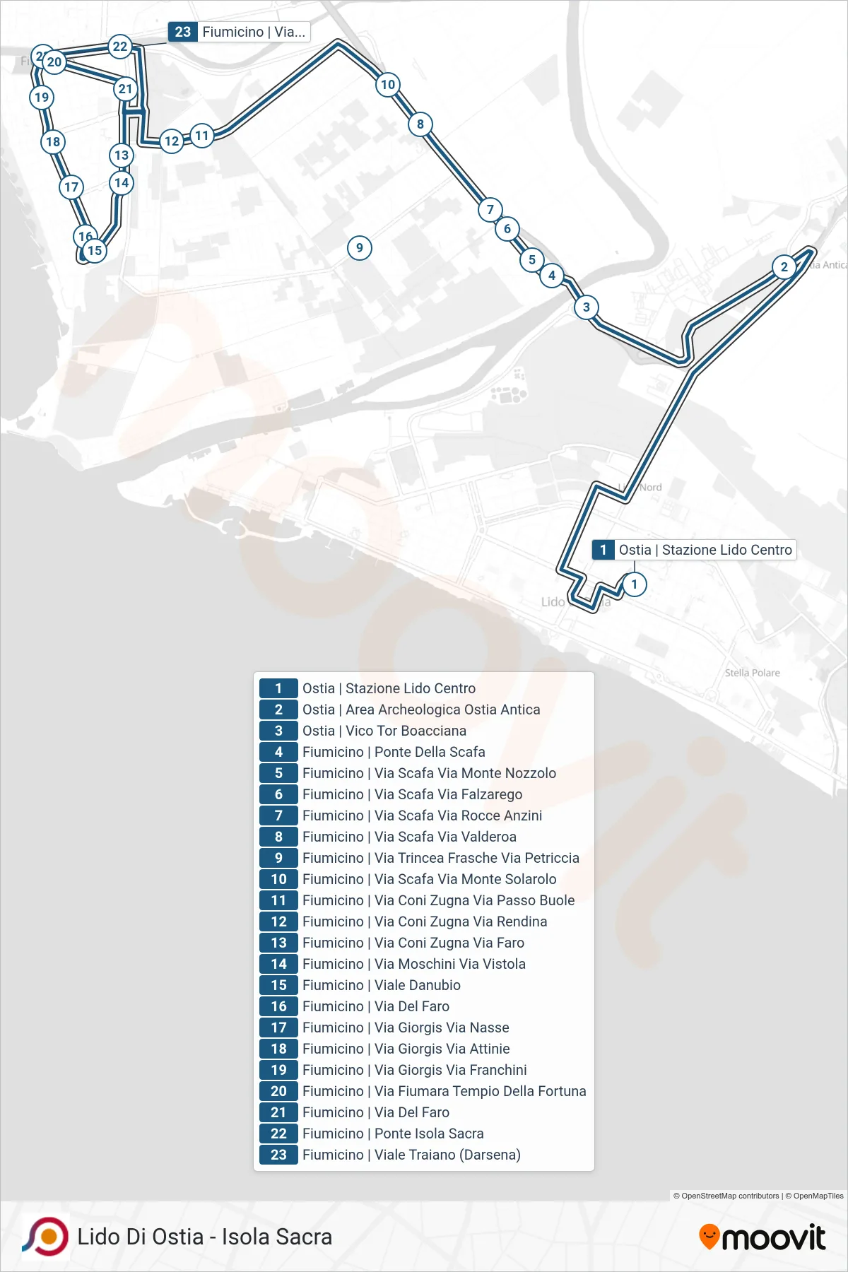 Linea COTRAL bus (Ostia | Stazione Lido Centro→Fiumicino | Viale Traiano (Darsena)) - Percorsi e fermate sulla mappa