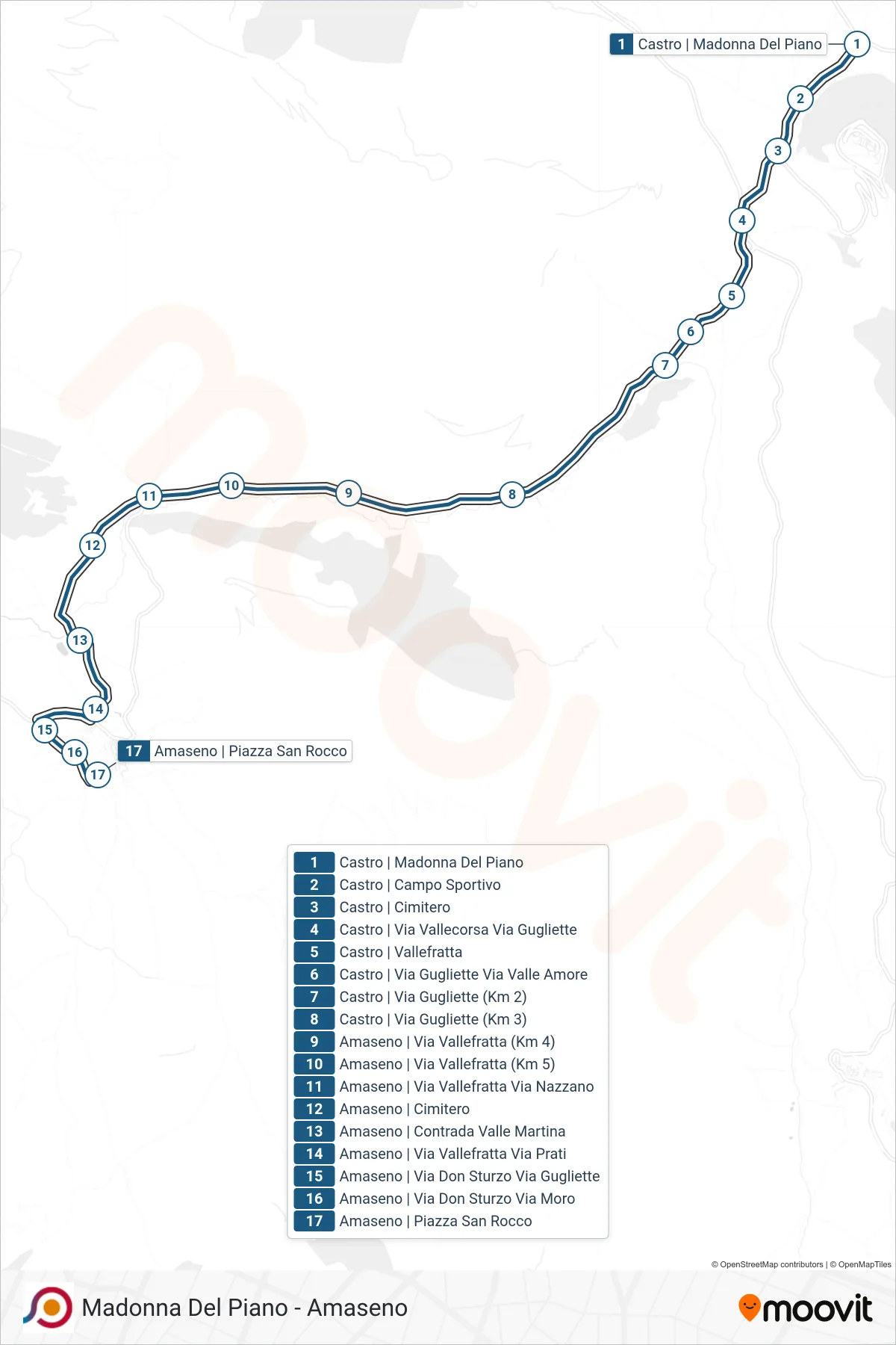 Linea COTRAL bus (Castro | Madonna Del Piano→Amaseno | Piazza San Rocco) - Percorsi e fermate sulla mappa
