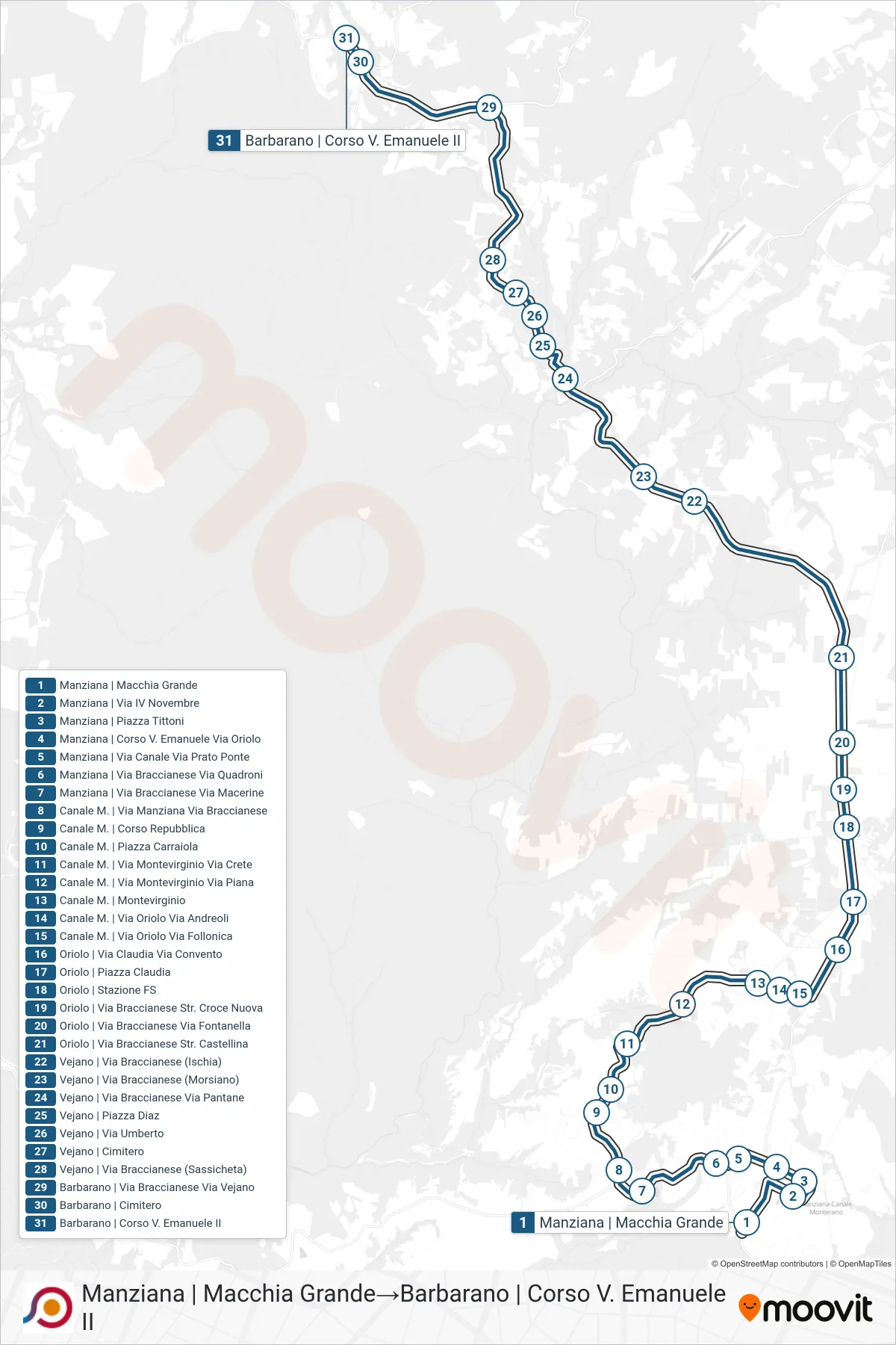 Linea COTRAL bus (Manziana | Macchia Grande→Barbarano | Corso V. Emanuele II) - Percorsi e fermate sulla mappa