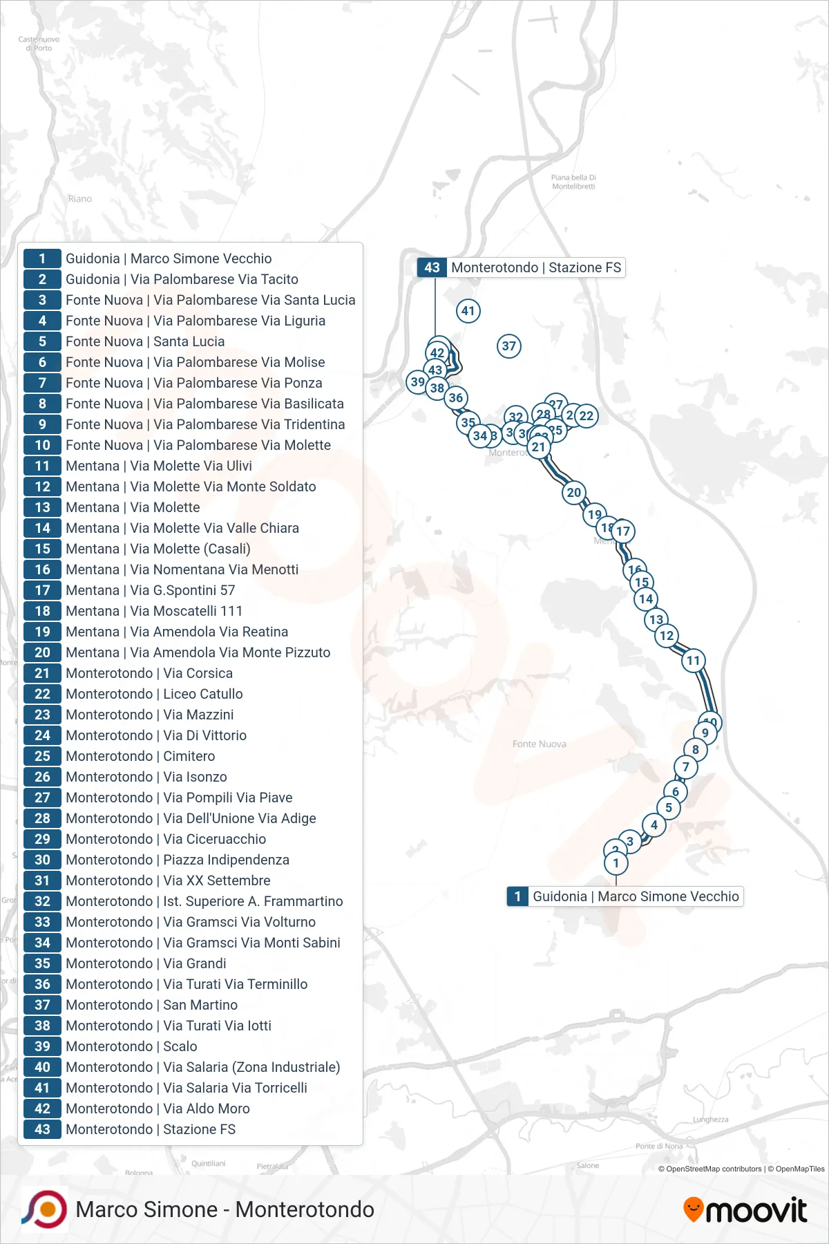 Linea COTRAL bus (Guidonia | Marco Simone Via Tacito→Monterotondo | Stazione FS) - Percorsi e fermate sulla mappa