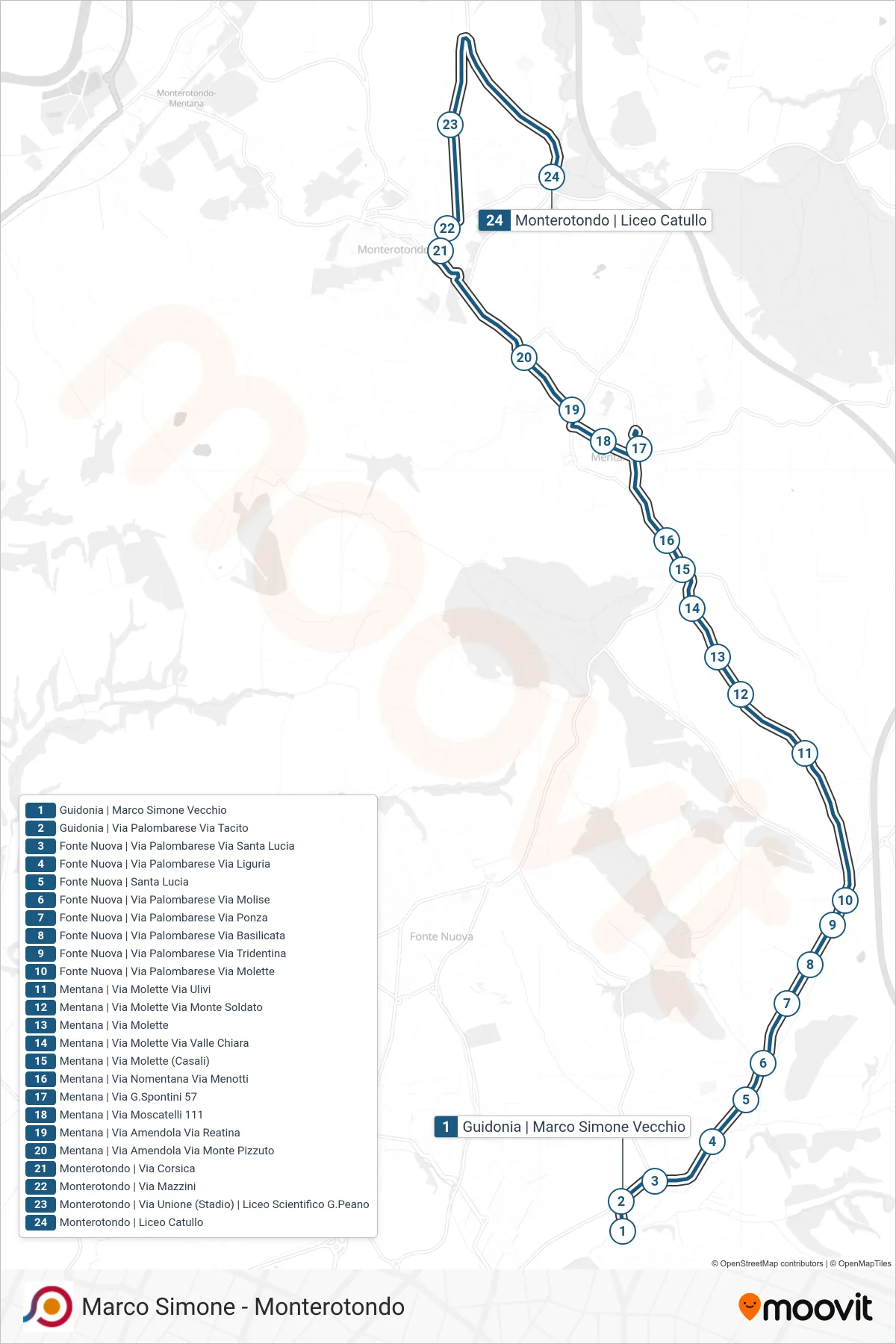 COTRAL bus Line (Guidonia | Marco Simone Via Tacito→Monterotondo via Catullo High School) route and stops on a map