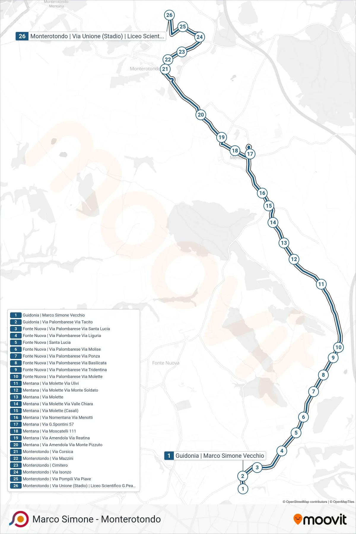 Linea COTRAL bus (Guidonia | Marco Simone Via Tacito→Monterotondo | Via Unione (Stadio) | Liceo Scientifico G.Peano) - Percorsi e fermate sulla mappa