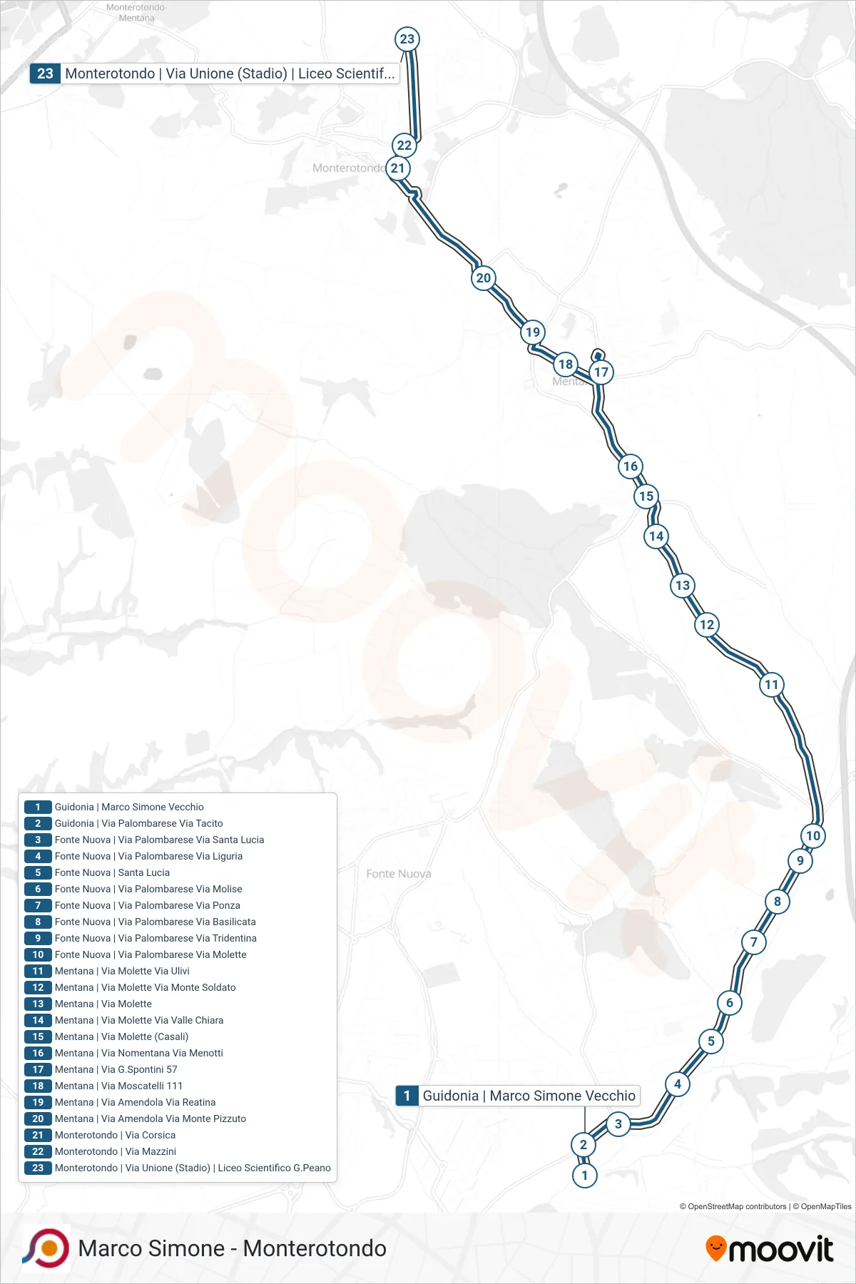 Linea COTRAL bus (Guidonia | Marco Simone Via Tacito→Monterotondo | Via Unione (Stadio) | Liceo Scientifico G.Peano) - Percorsi e fermate sulla mappa