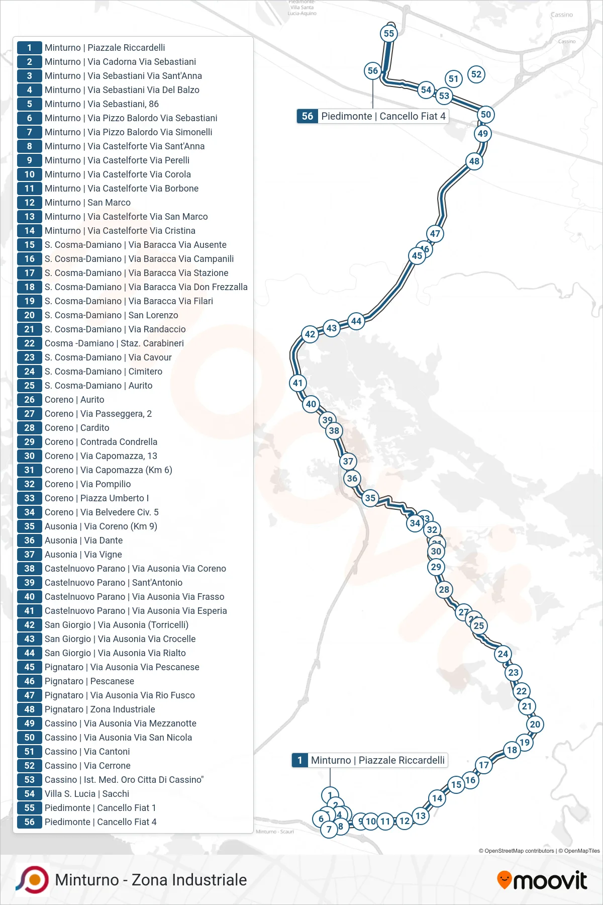 Linea COTRAL bus (Minturno | Piazzale Riccardelli→Piedimonte | Cancello Fiat 4) - Percorsi e fermate sulla mappa