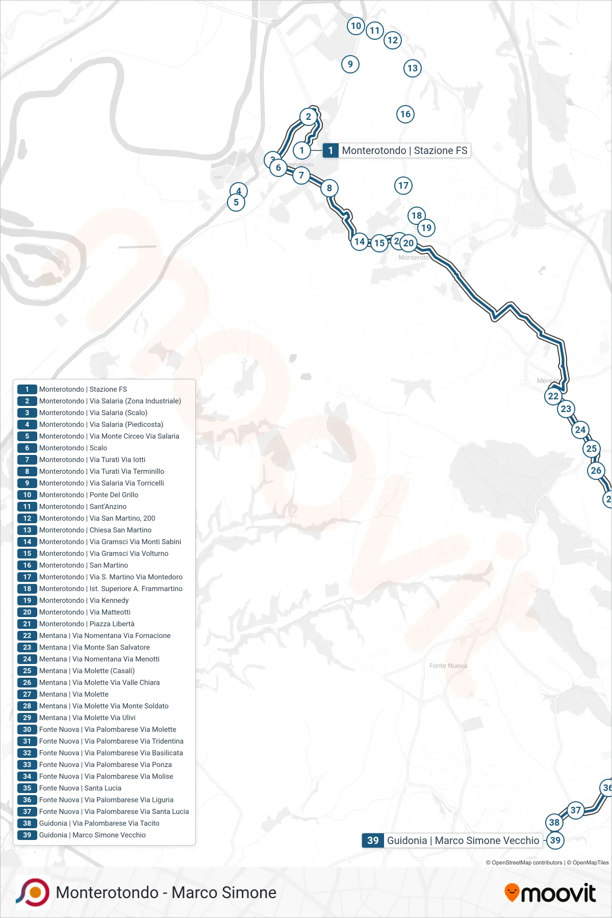 Linea COTRAL bus (Monterotondo | Stazione FS→Guidonia | Marco Simone Via Tacito) - Percorsi e fermate sulla mappa