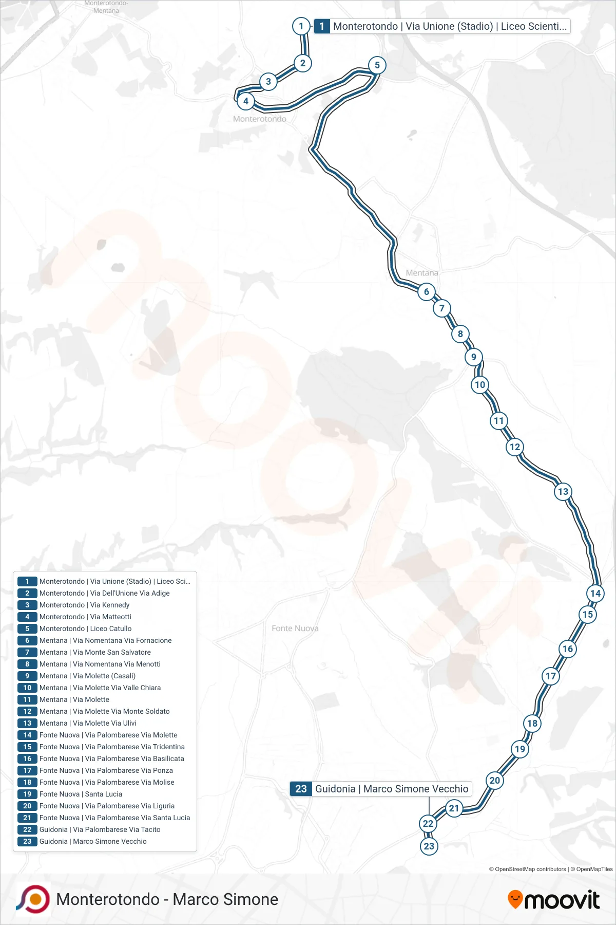 Linea COTRAL bus (Monterotondo | Via Unione (Stadio) | Liceo Scientifico G.Peano→Guidonia | Marco Simone Via Tacito) - Percorsi e fermate sulla mappa