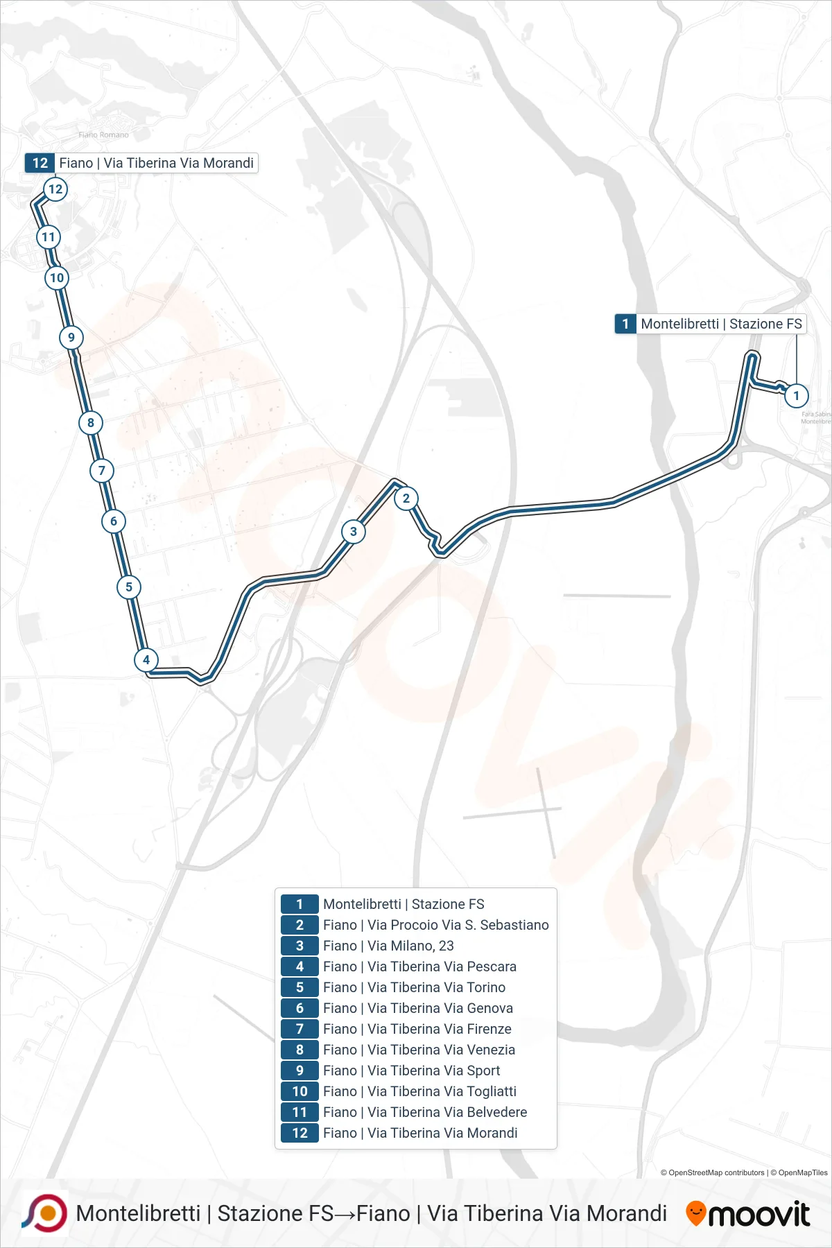 COTRAL bus Line (Montelibretti Station→Fiano via Tiberina via Morandi) route and stops on a map