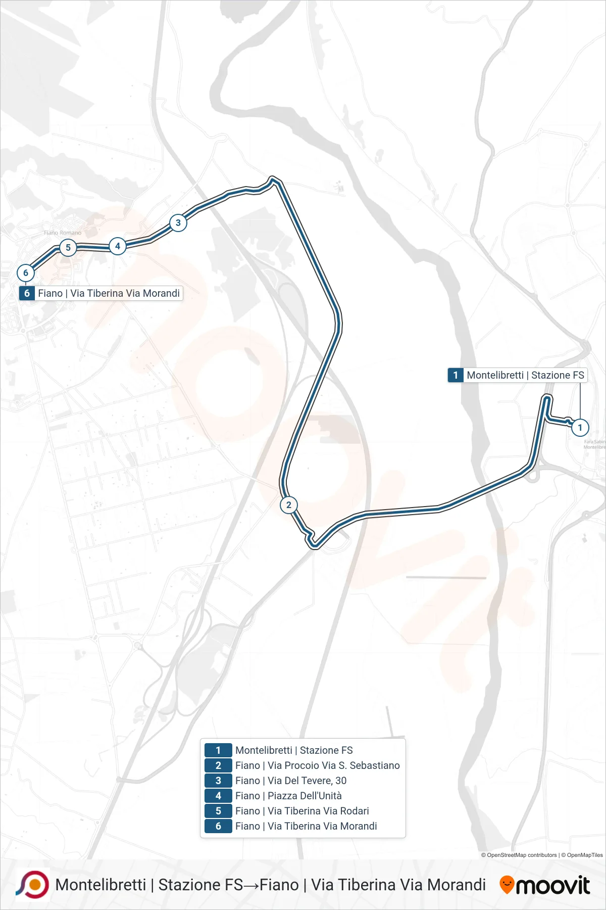 Linea COTRAL bus (Montelibretti | Stazione FS→Fiano | Via Tiberina Via Morandi) - Percorsi e fermate sulla mappa