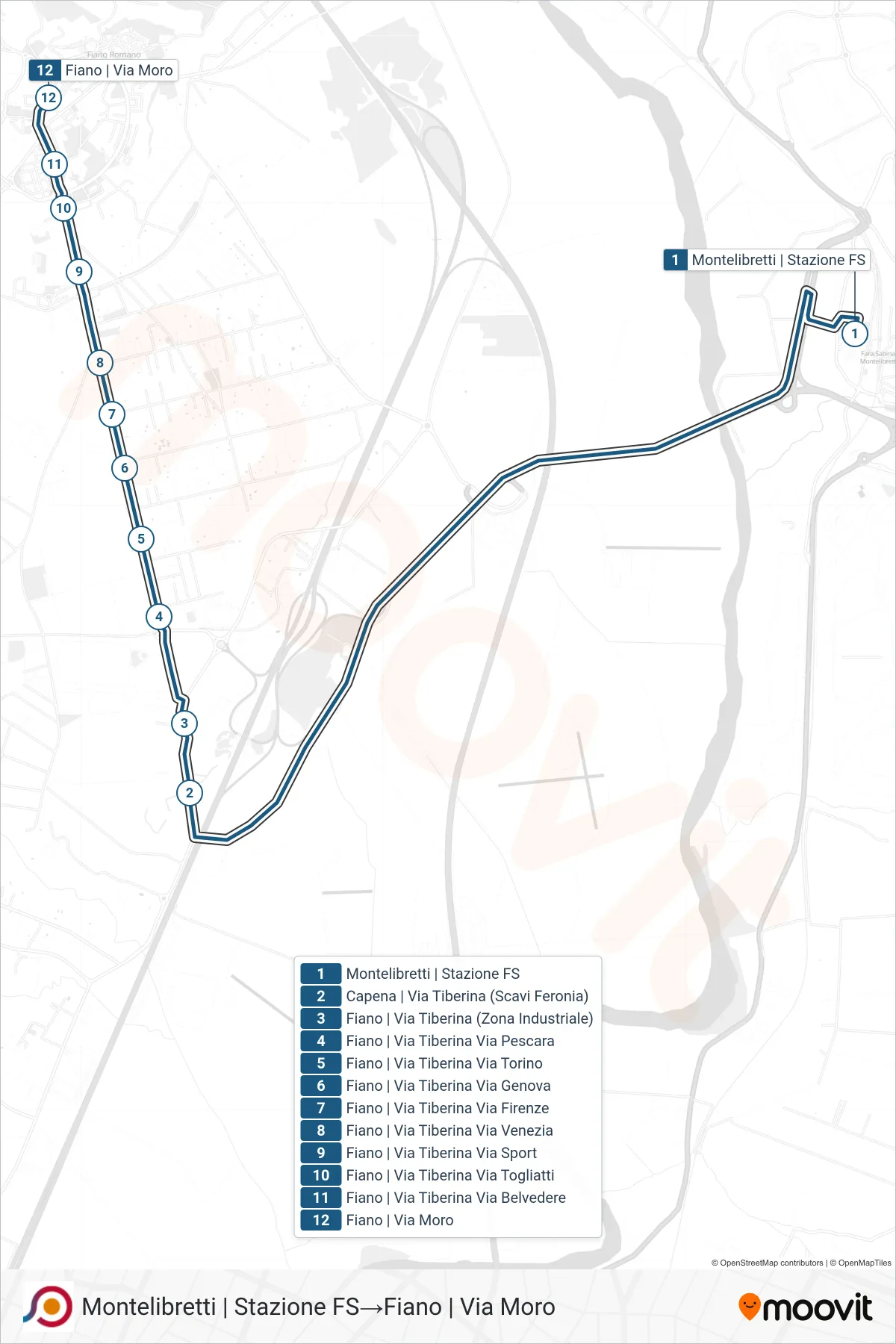Linea COTRAL bus (Montelibretti | Stazione FS→Fiano | Via Moro) - Percorsi e fermate sulla mappa