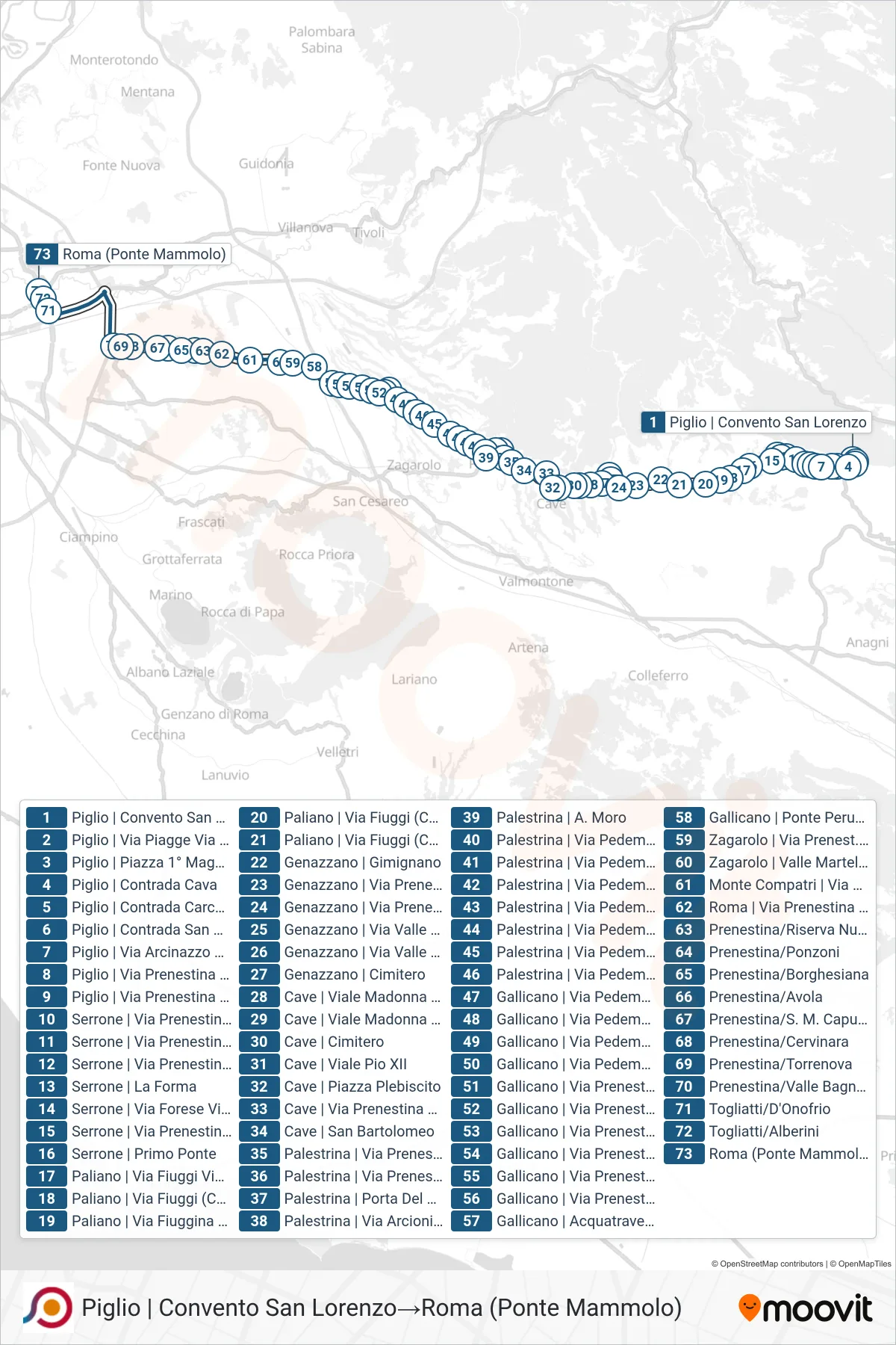 Linea COTRAL bus (Piglio | Convento San Lorenzo→Roma (Ponte Mammolo)) - Percorsi e fermate sulla mappa