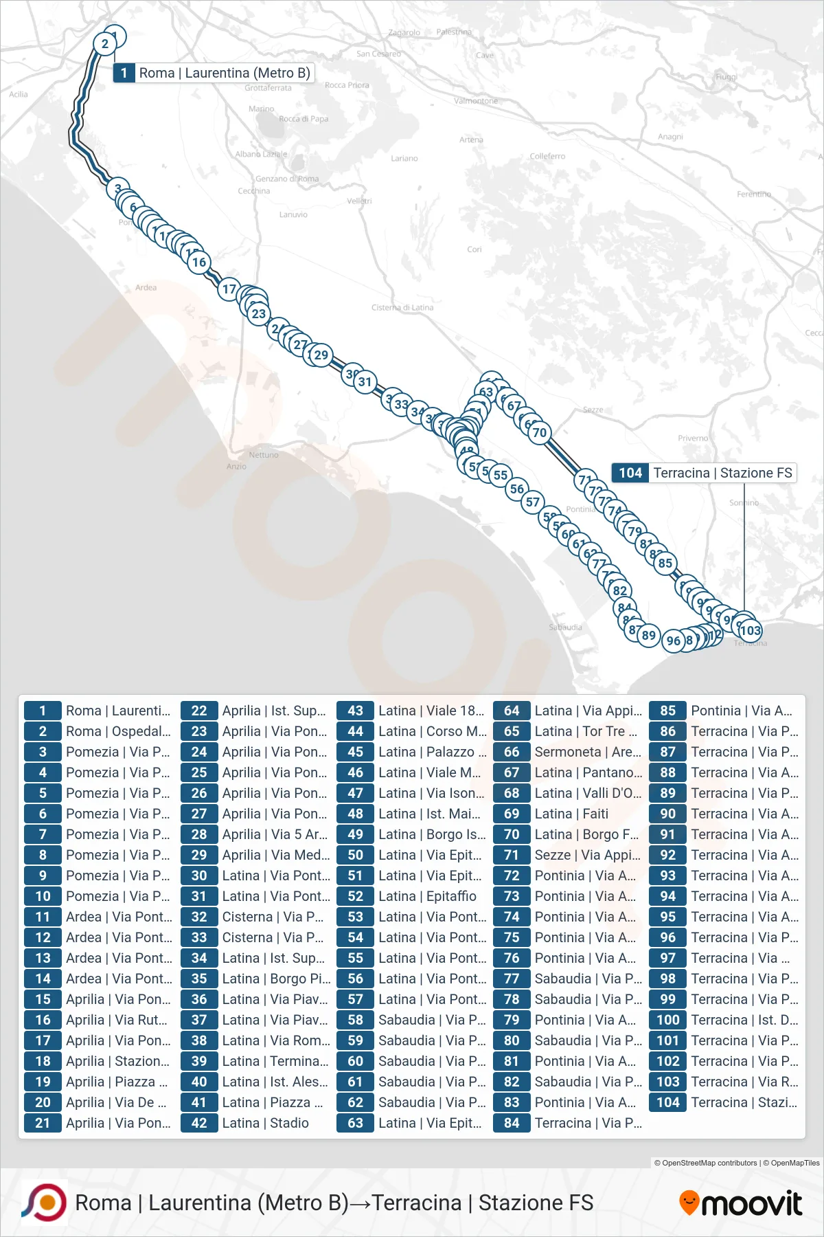 Linea COTRAL  bus (Roma | Laurentina (Metro B)‎→Terracina | Stazione FS) - Percorsi e fermate sulla mappa