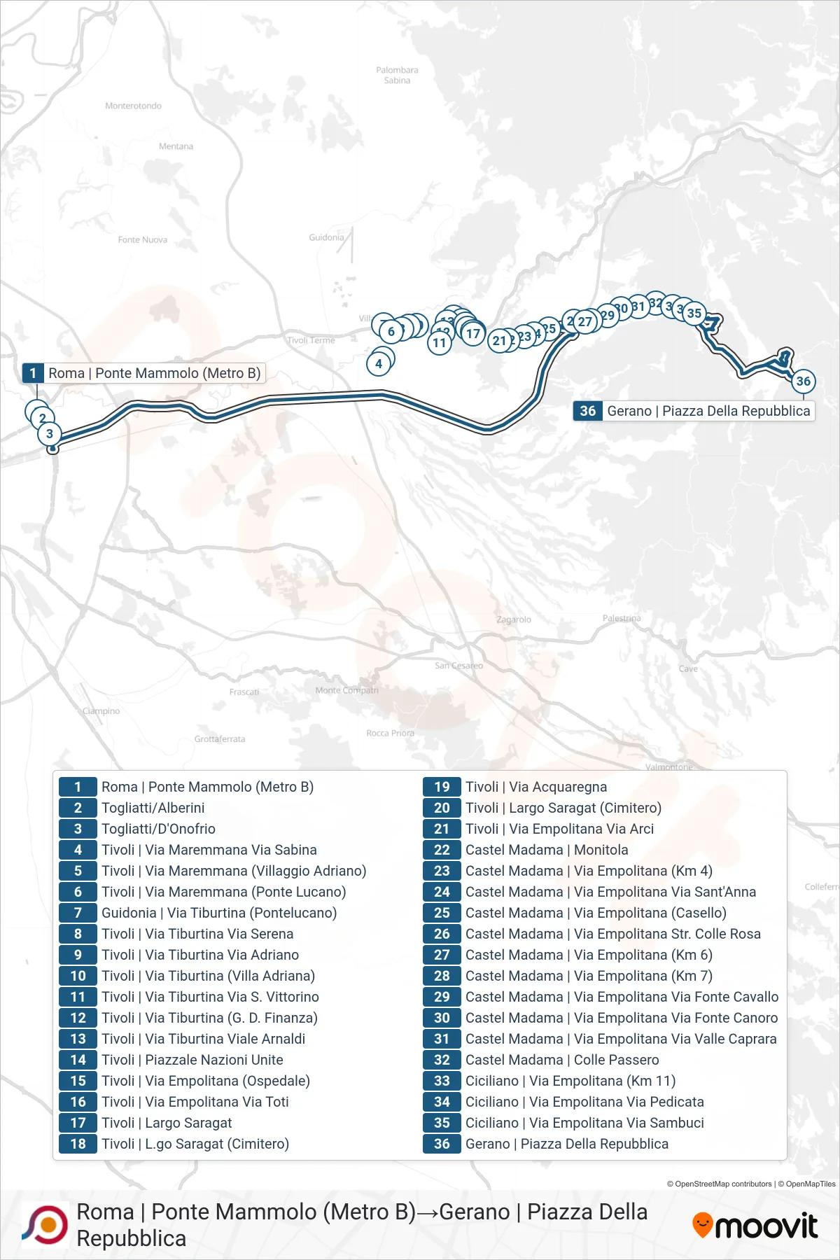 Linea COTRAL bus (Roma | Ponte Mammolo (Metro B)→Gerano | Piazza Della Repubblica) - Percorsi e fermate sulla mappa