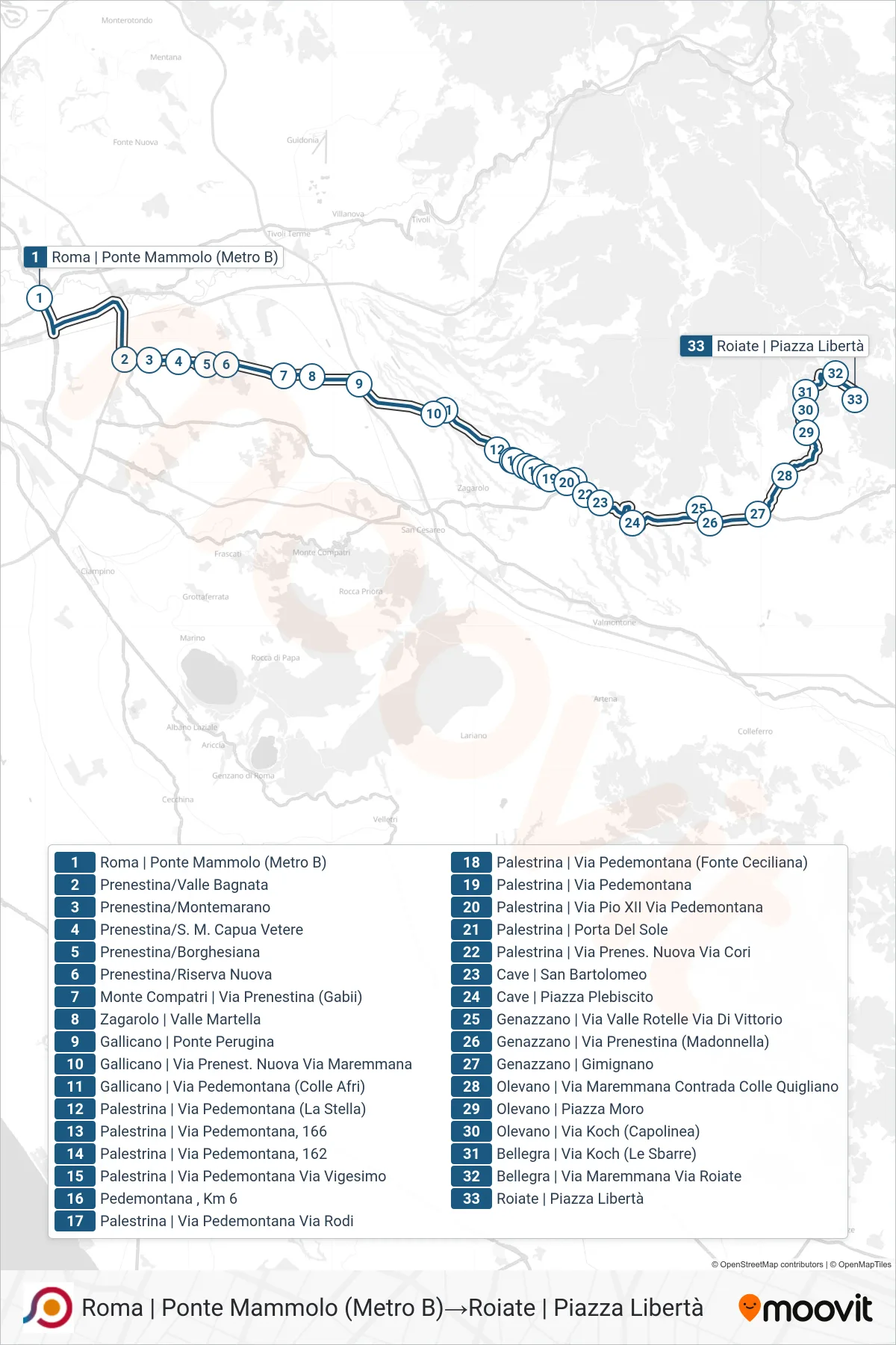 Linea COTRAL bus (Roma | Ponte Mammolo (Metro B)→Roiate | Piazza Libertà) - Percorsi e fermate sulla mappa