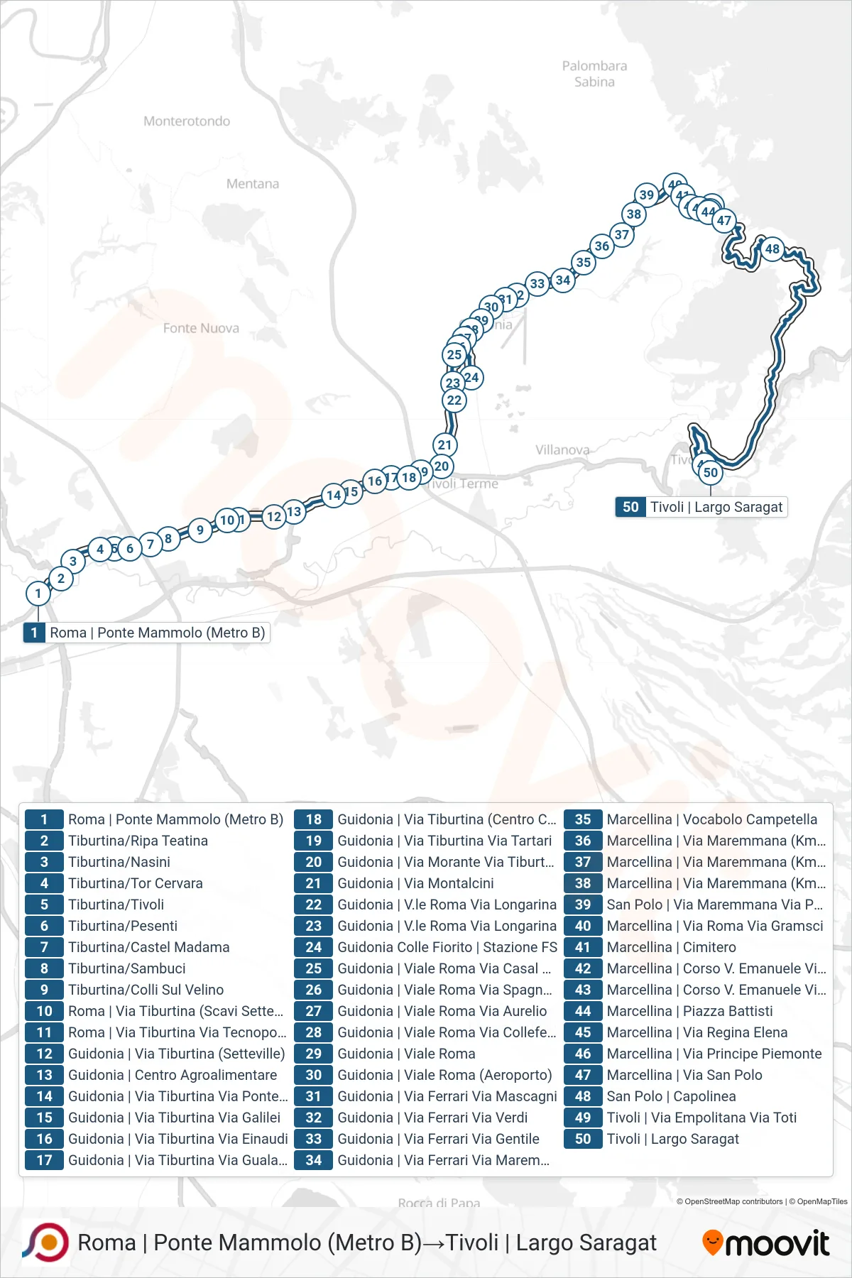Linea COTRAL bus (Roma | Ponte Mammolo (Metro B)→Tivoli | Largo Saragat) - Percorsi e fermate sulla mappa