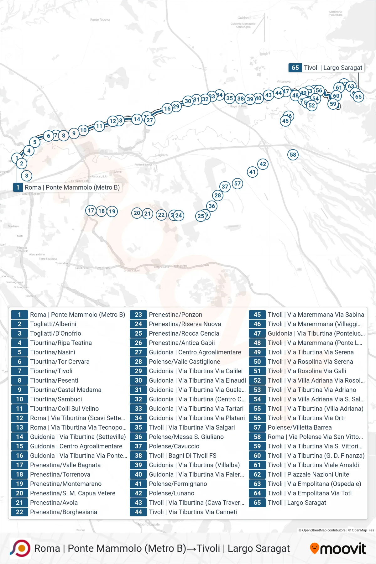 Linea COTRAL bus (Roma | Ponte Mammolo (Metro B)→Tivoli | Largo Saragat) - Percorsi e fermate sulla mappa