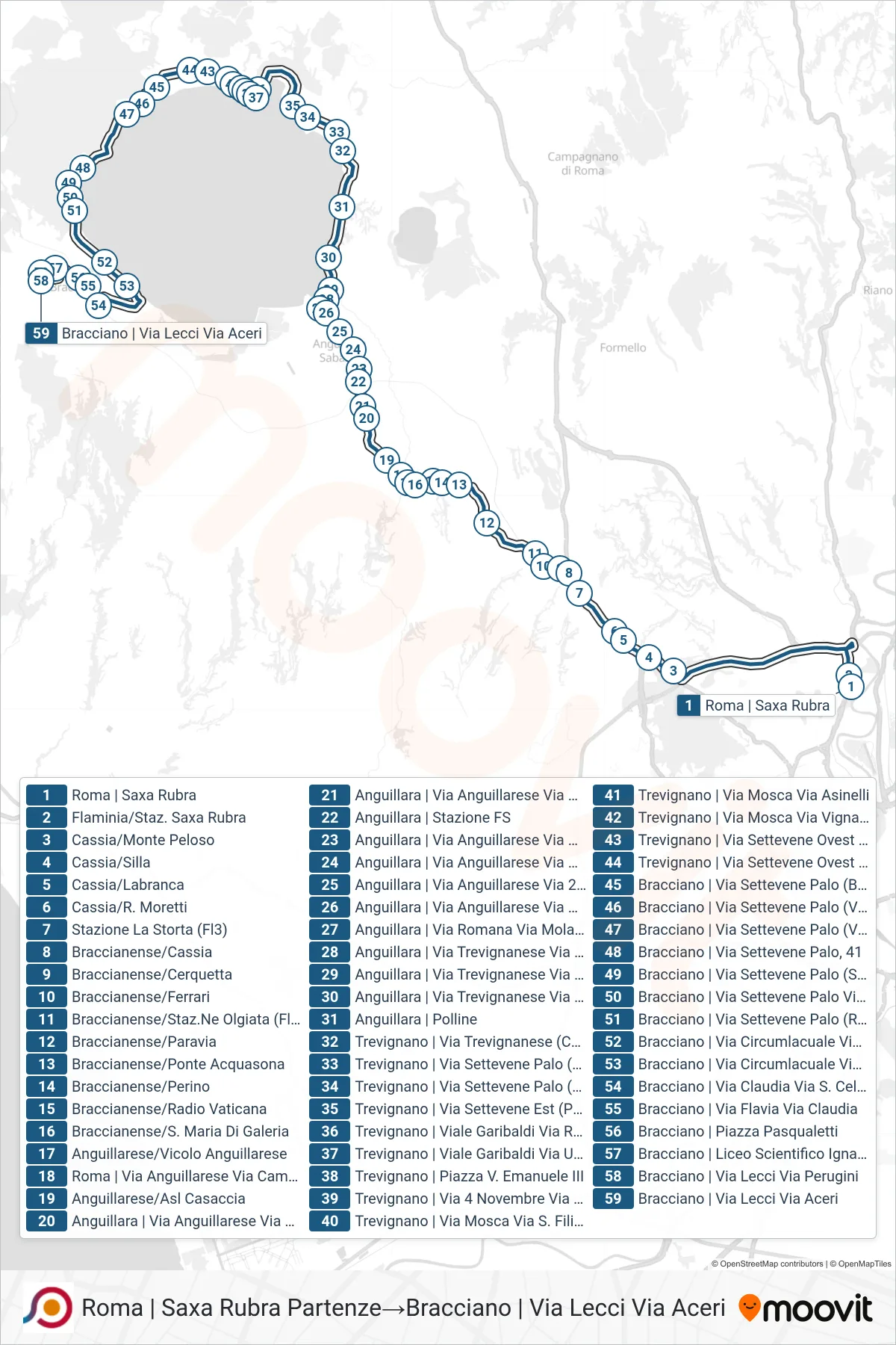 Linea COTRAL bus (Roma | Saxa Rubra Partenze→Bracciano | Via Lecci Via Aceri) - Percorsi e fermate sulla mappa