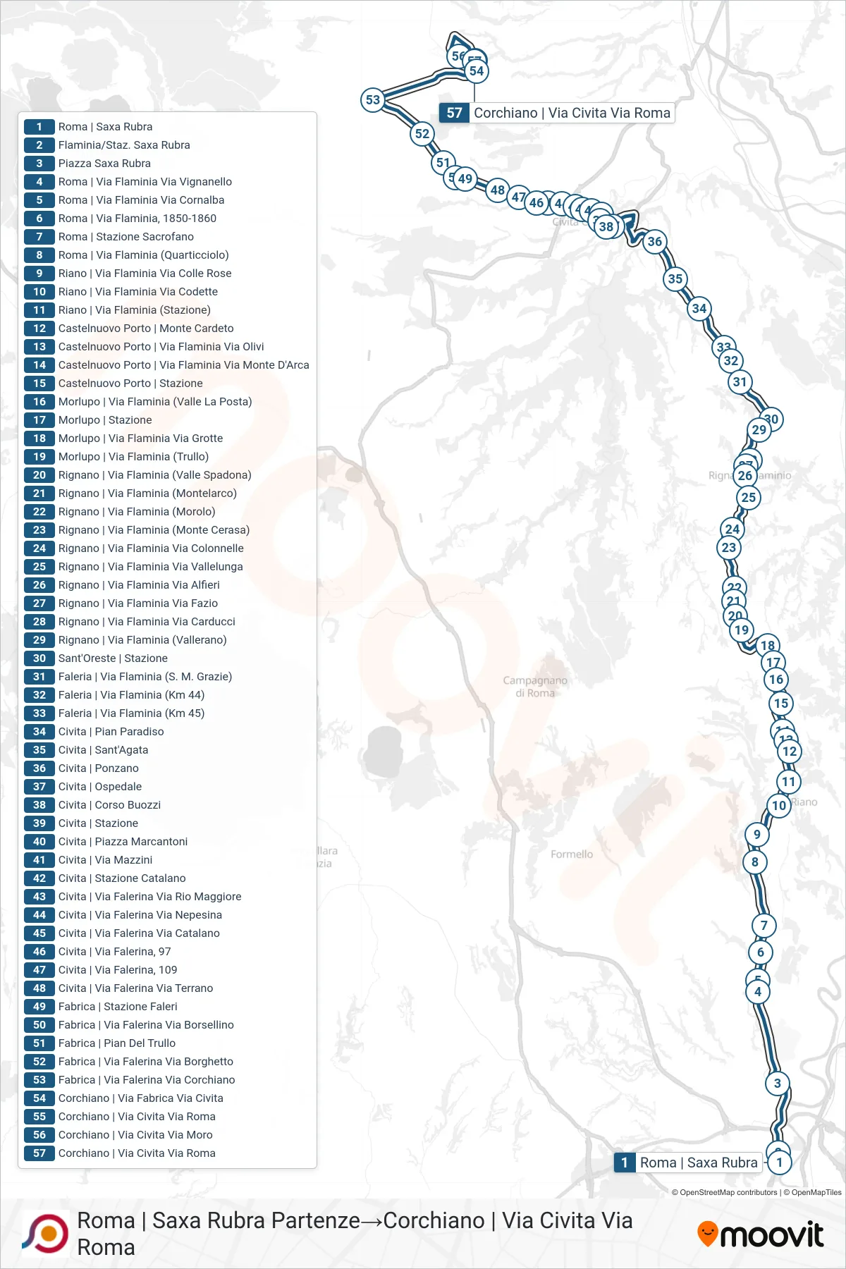 Linea COTRAL bus (Roma | Saxa Rubra Partenze→Corchiano | Via Civita Via Roma) - Percorsi e fermate sulla mappa
