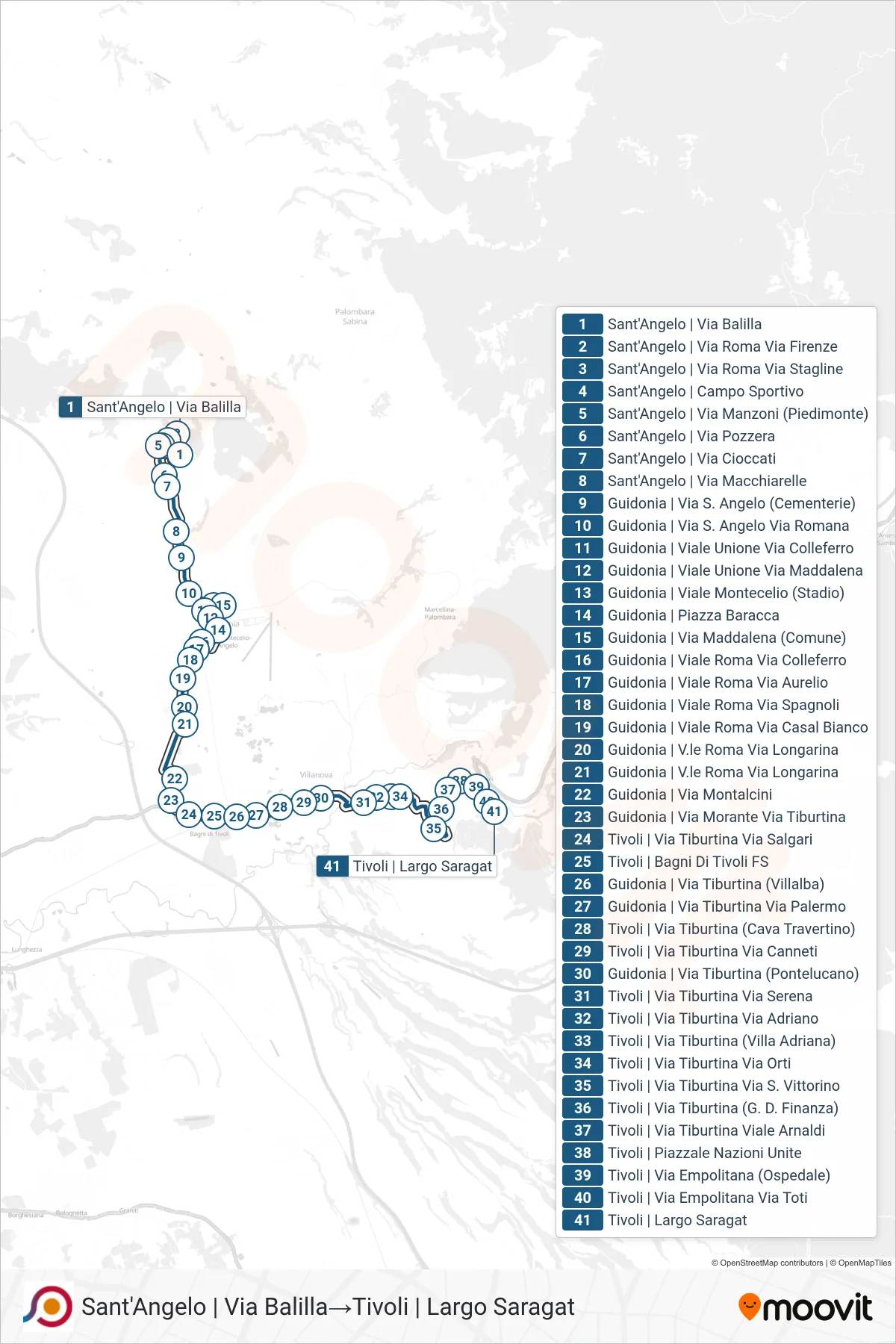 Linea COTRAL bus (Sant'Angelo | Via Balilla→Tivoli | Largo Saragat) - Percorsi e fermate sulla mappa