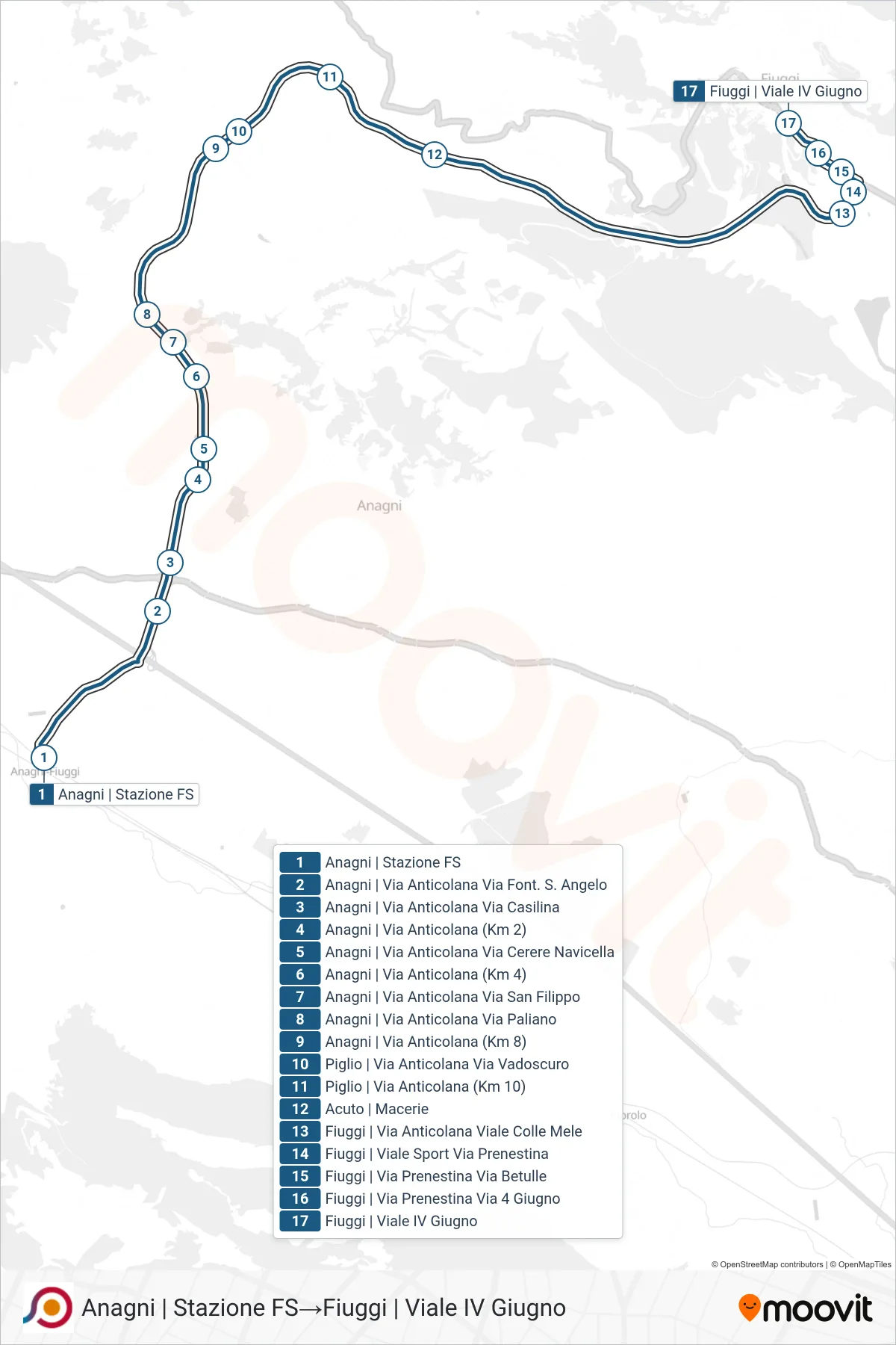 Linea COTRAL  bus (Anagni | Stazione FS‎→Fiuggi | Viale IV Giugno) - Percorsi e fermate sulla mappa