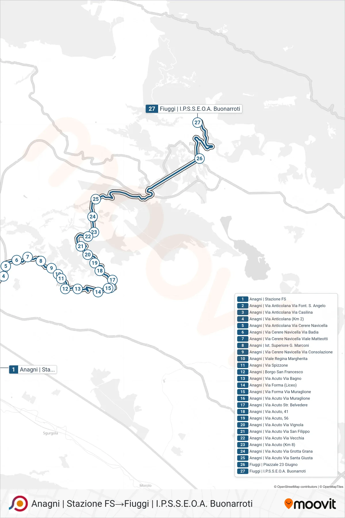 Linea COTRAL bus (Anagni | Stazione FS→Fiuggi | I.P.S.S.E.O.A. Buonarroti) - Percorsi e fermate sulla mappa
