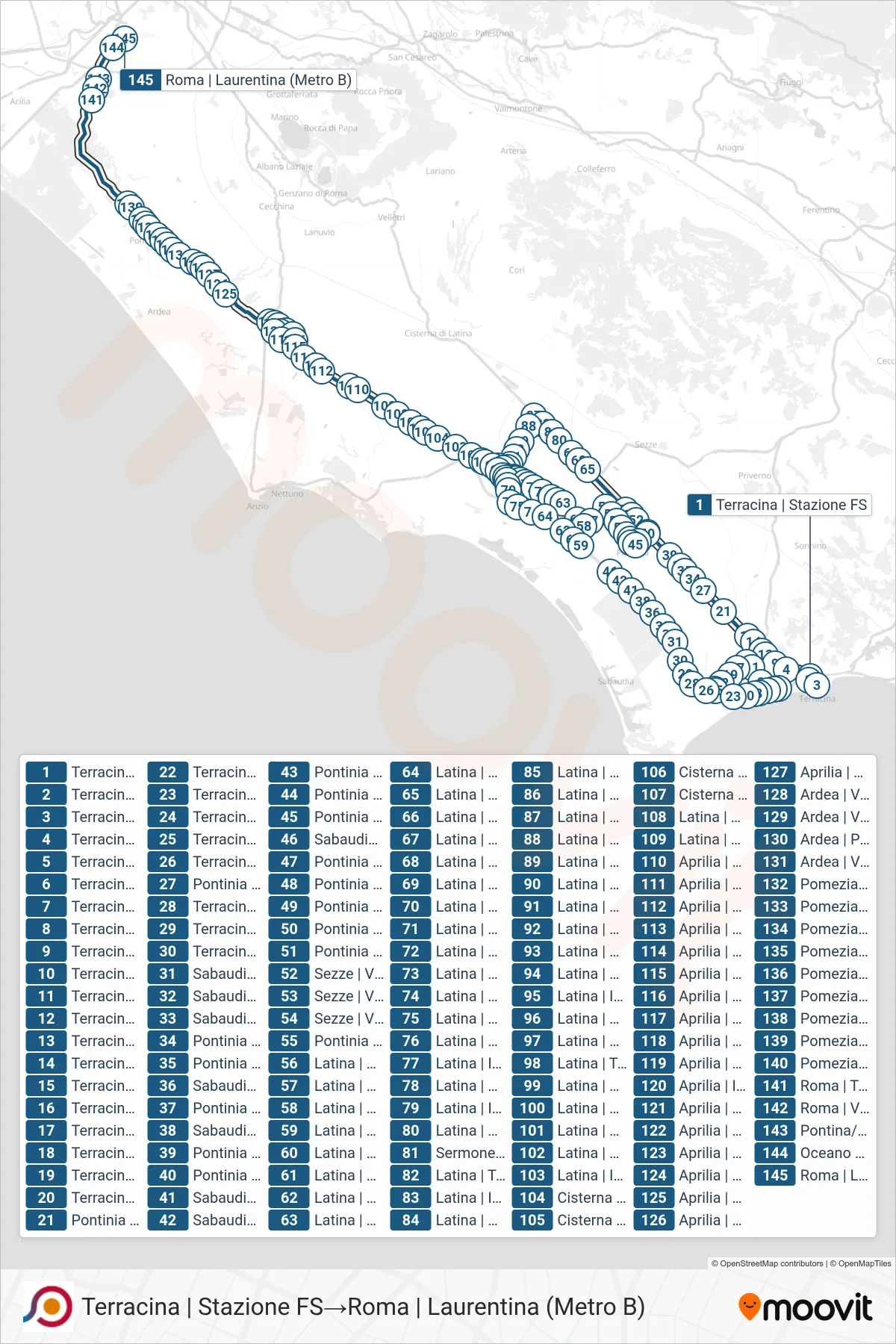 Linea COTRAL bus (Terracina | Stazione FS→Roma | Laurentina (Metro B)) - Percorsi e fermate sulla mappa
