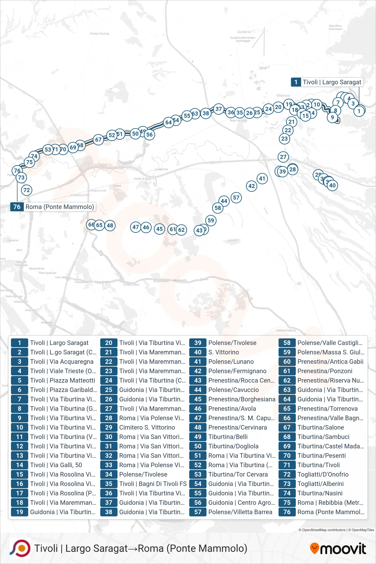 Linea COTRAL bus (Tivoli | Largo Saragat→Roma (Ponte Mammolo)) - Percorsi e fermate sulla mappa