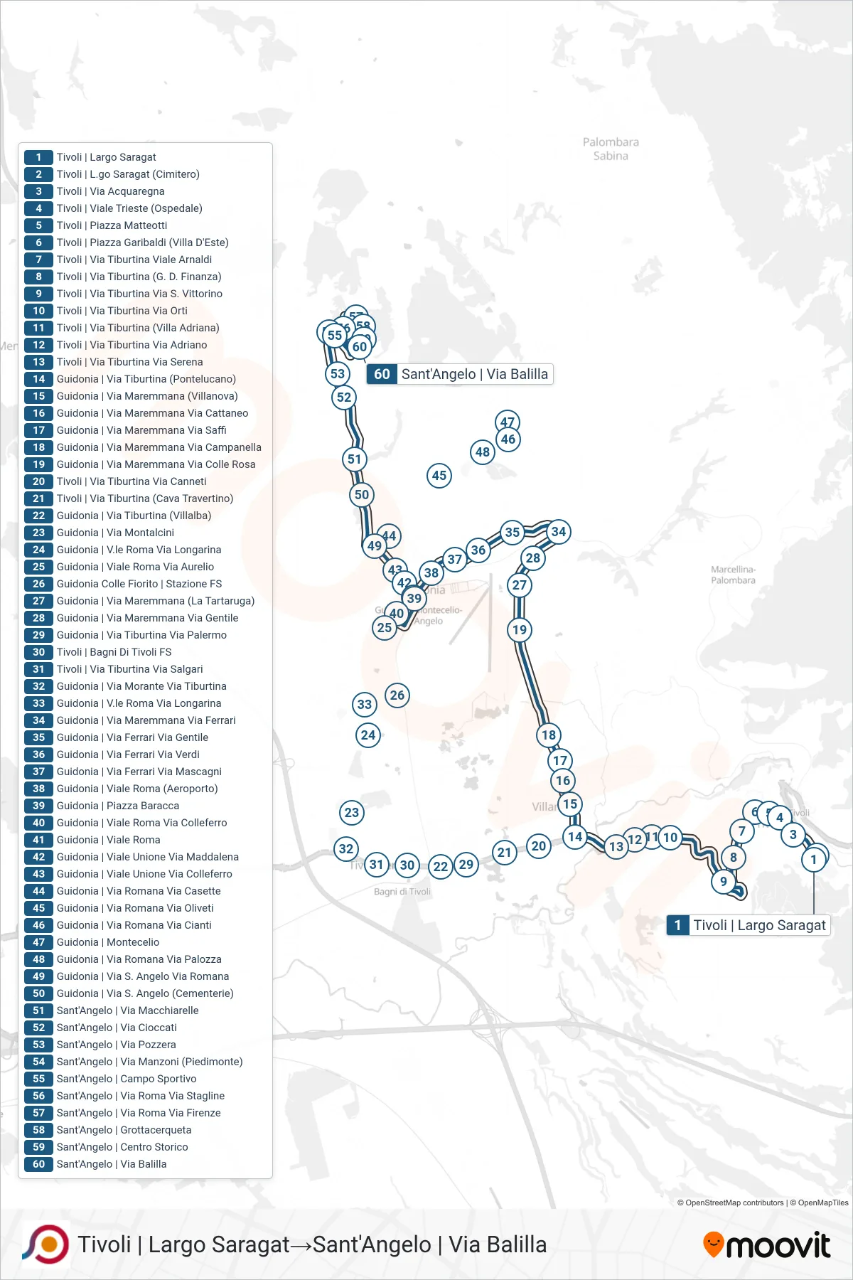 Linea COTRAL bus (Tivoli | Largo Saragat→Sant'Angelo | Via Balilla) - Percorsi e fermate sulla mappa
