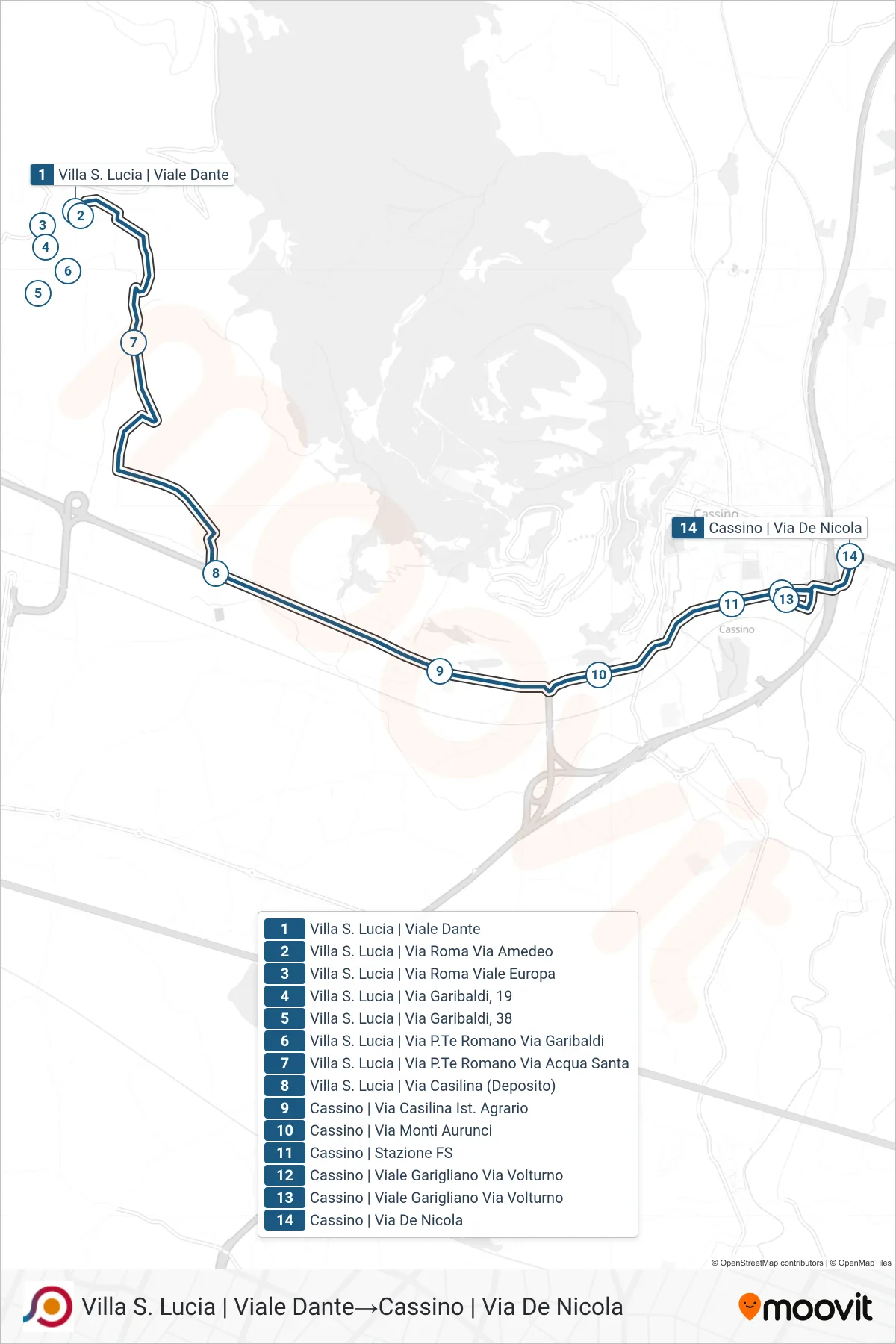 Linea COTRAL bus (Villa S. Lucia | Viale Dante→Cassino | Via De Nicola) - Percorsi e fermate sulla mappa